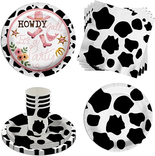 Howdy Y'all - Suministros de fiesta de cumpleaños de vaca para niña, suministros de fiesta con estampado de vaca, juego de vajilla de rodeo de 64