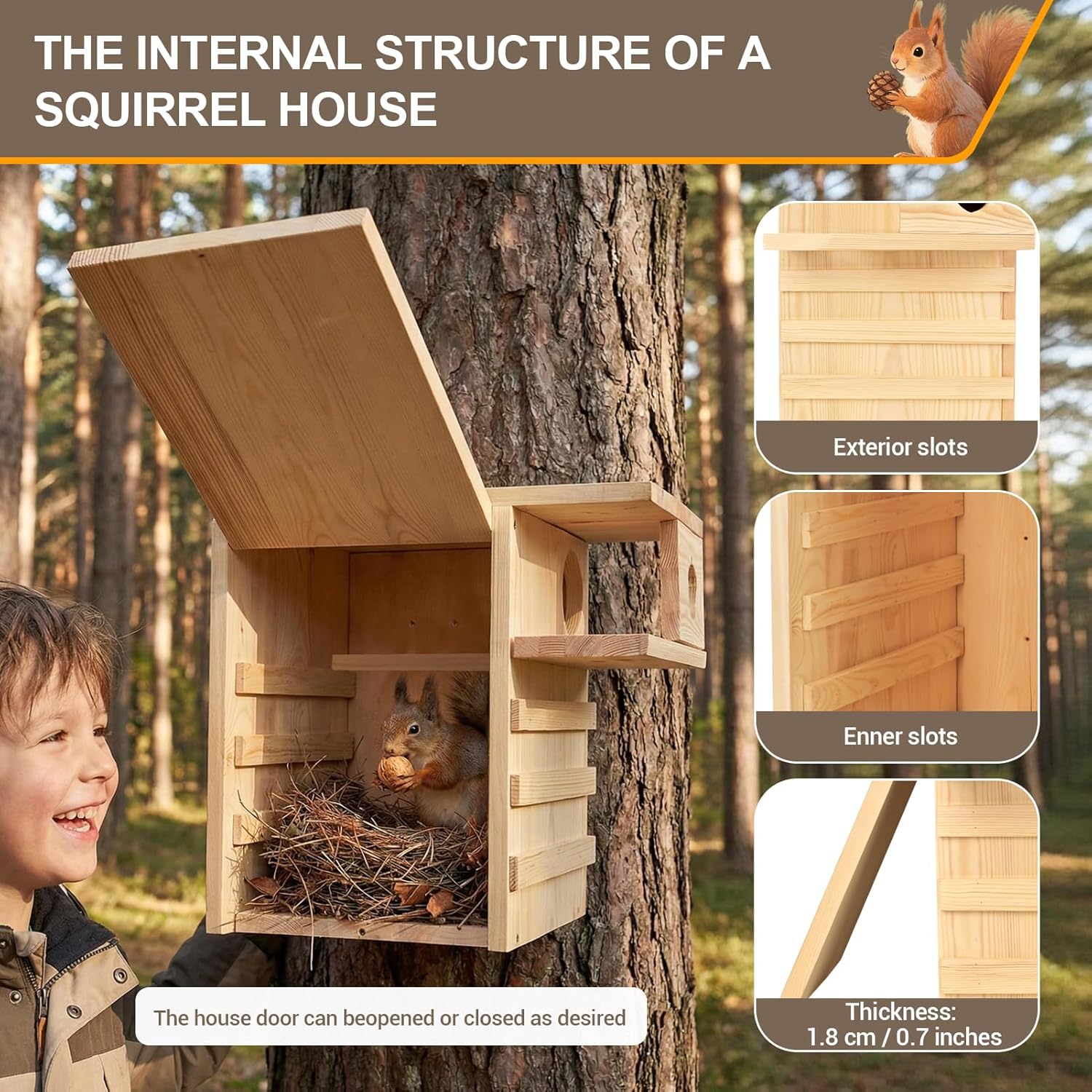 Large Squirrel House for Outside, Premium Pine Wood Squirrel House with External Platform, Large Squirrel Nesting Box for Squirrels Chipmunks and Small Animals