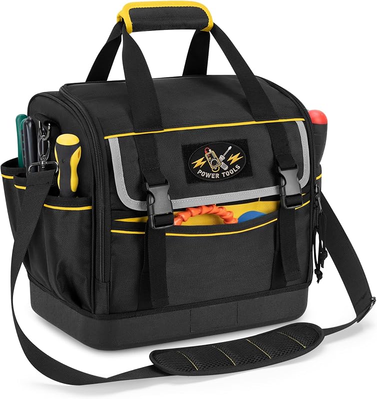12-Inch Tool Bag with Hard Bottom, Electrician Tool Box Organizer | Detachable Divider, Multiple Pockets, Padded Handle, Adjustable Shoulder Strap, Ideal for Mechanics, Carpenters, Plumbers