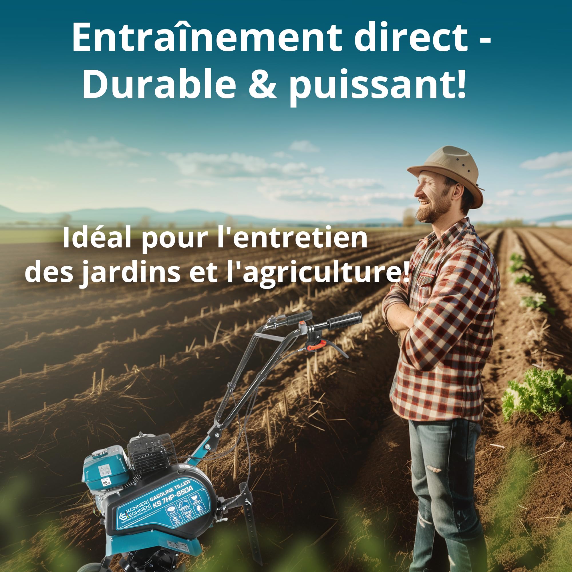 Könner & Söhnen KS 7HP-850A Motoculteur à Essence avec Transmission par Courroie, Fraise de Jardin avec Fraises forgées, cultivateur à Moteur avec soc réglable, Moteur 7 CV, cultivateur de Jardin