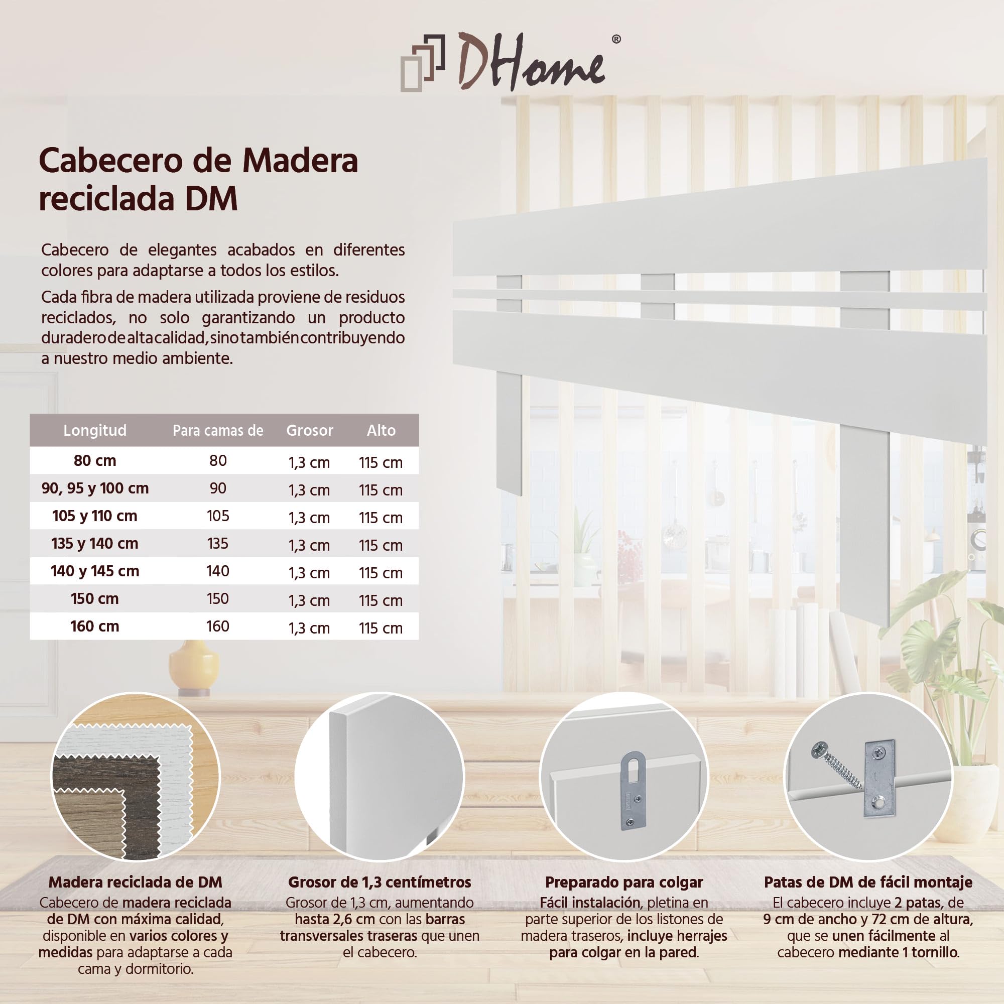 DHOME Testiera in Legno Riciclato MDF Orizzontale Larga con Gambe per Letto con Pallet Ferramenta Inclusa (160x115 Orizzontale Larga, Bianco)