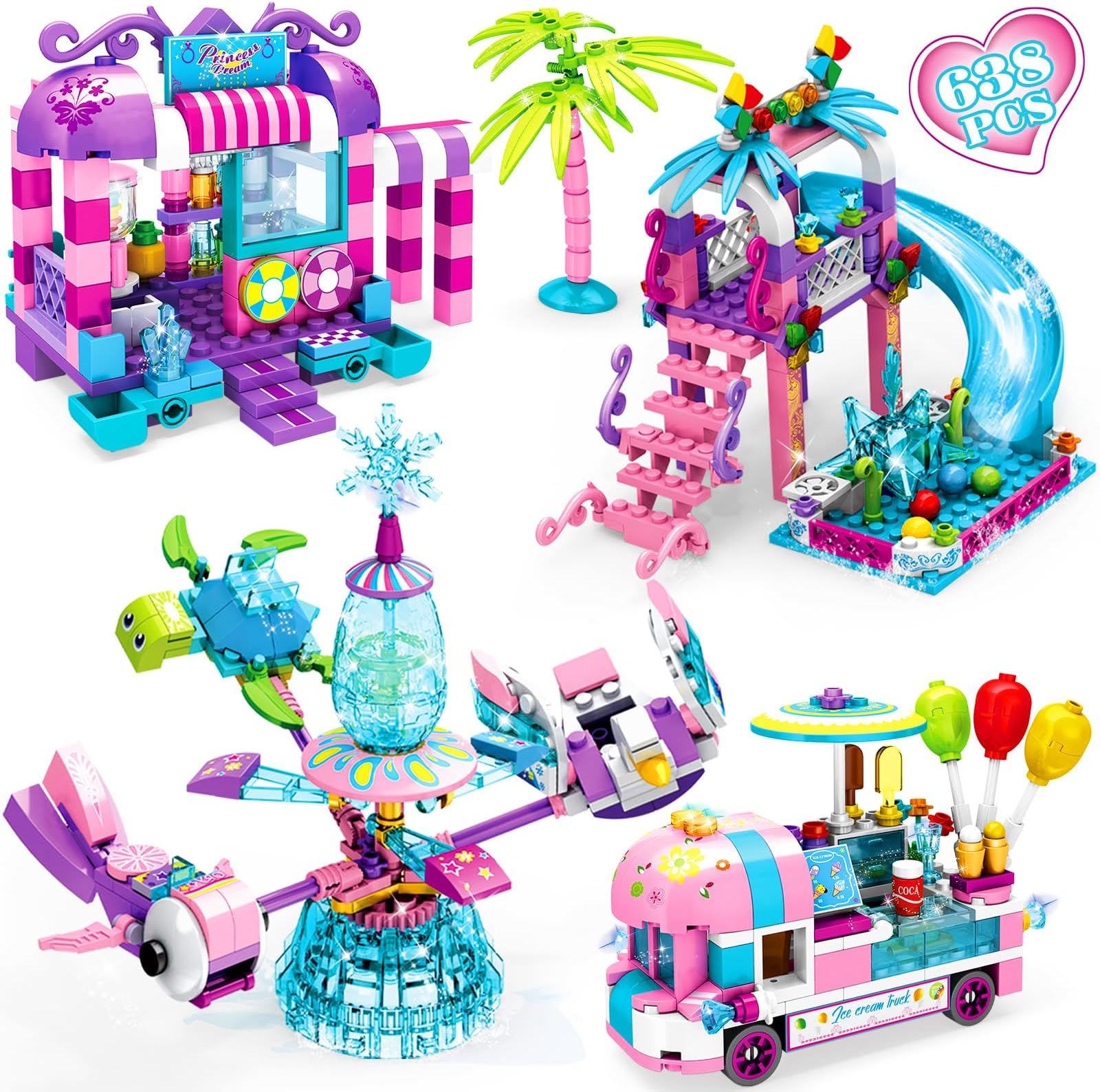 Girls Building Blocks Toys 638 Pieces 4 Models Princess Building Bricks Toys for Kids STEM Construction Play Set Toy Best Gifts for Girls Age 6-12 Birthday Christmas