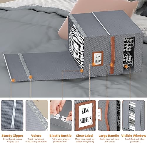 Miniatura 7 de Paquete de 2 organizadores y almacenamiento de sábanas, 2 en 1 contenedores de almacenamiento grandes para armario de ropa (tamaño Queen o King) -