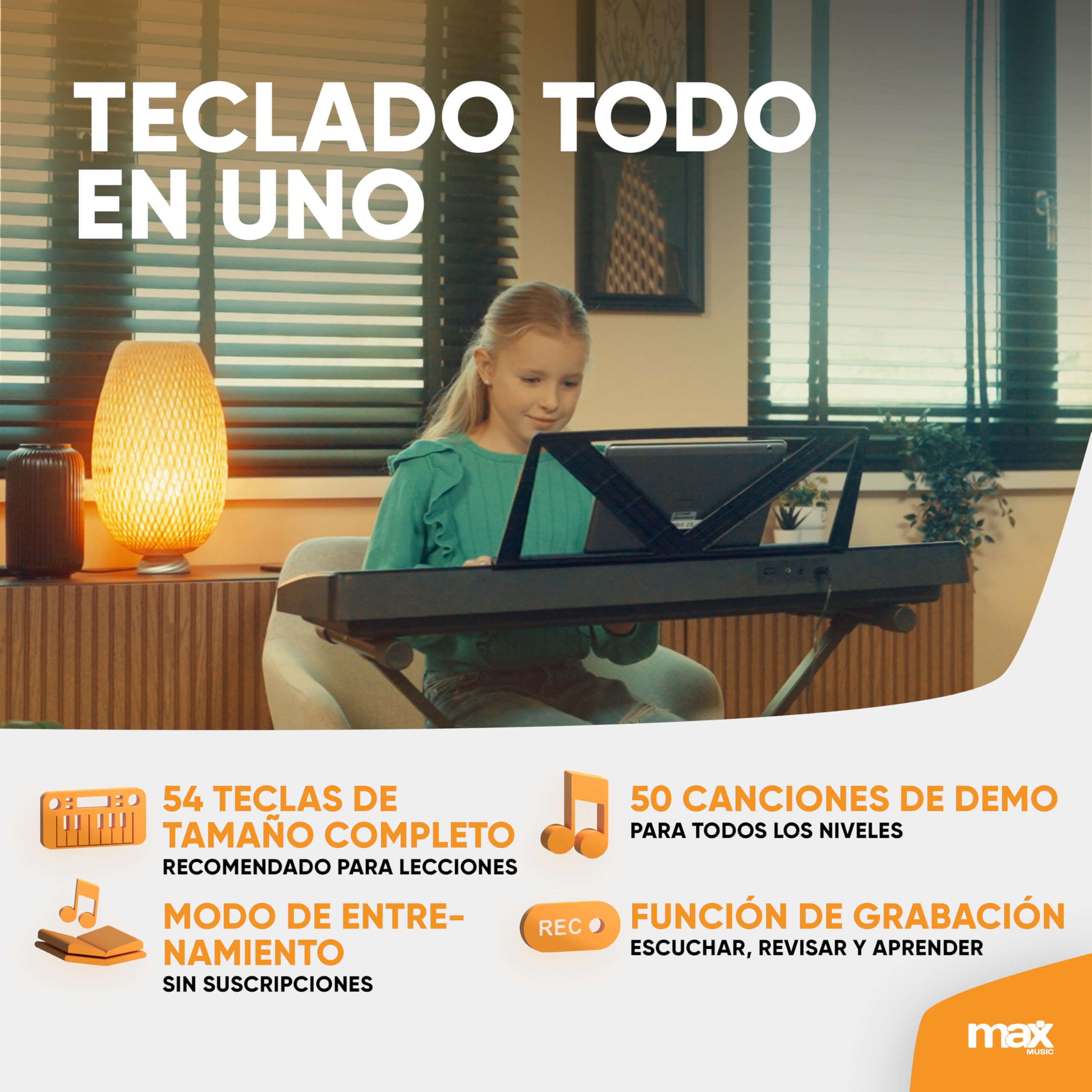 MAX Rhapsody54 - Piano eléctrico de 54 teclas para principiantes, teclado con función de aprendizaje, pantalla, 50 canciones de demo, 300 sonidos, 8 percusiones, altavoces, soporte de teclado y atril