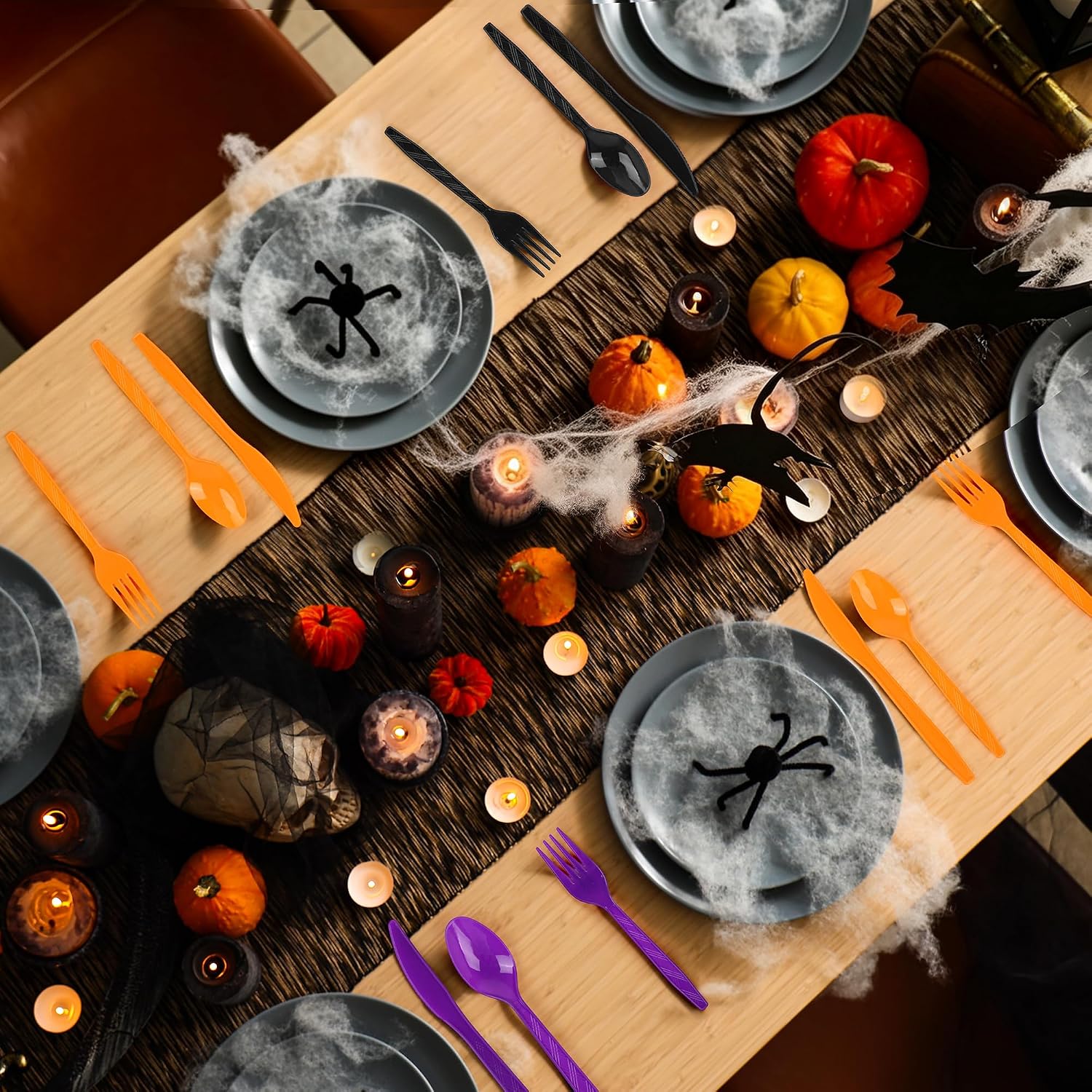 Kochorie 90 Pieces Halloween Plastic Cutlery Set, Black Orange Purple image 5