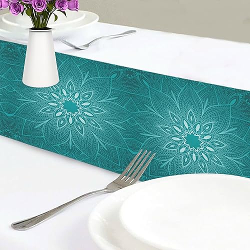 Miniatura 4 de MNSRUU Camino de mesa, mandala verde azulado floral, camino de mesa de comedor para boda, granja, hogar, cocina, decoración, 70 pulgadas de largo