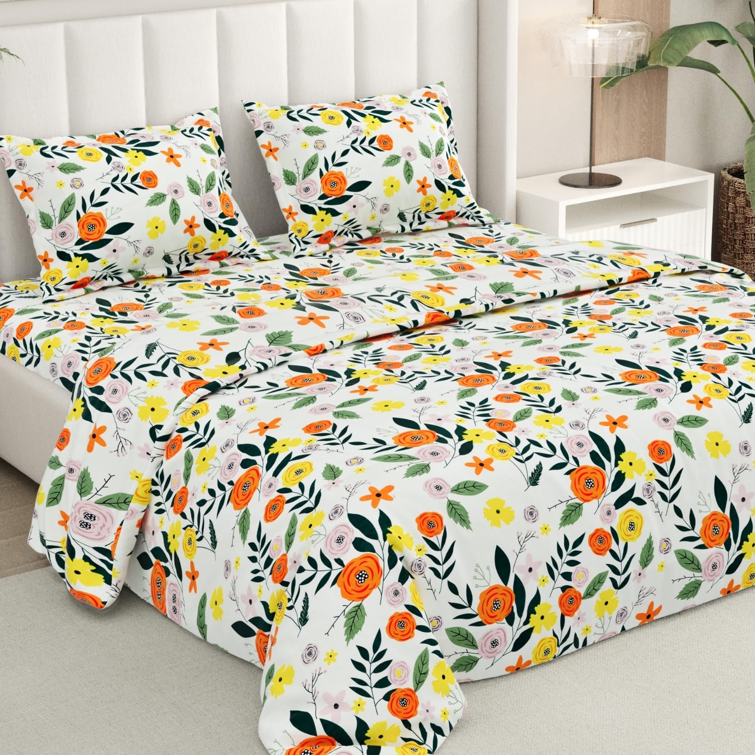 Rivermoor 200 TC Ultrasoft Bedsheet for Double Bed | Queen Size Bed Sheet with 2 Pillow Covers | Floral Flower Print | 88 x 96 Inches | Breathable & Hypoallergenic