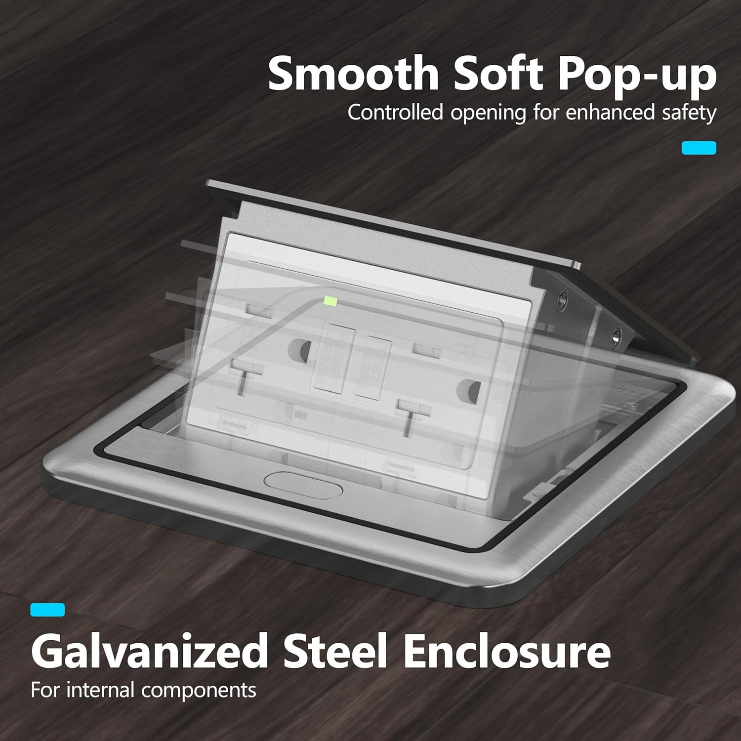 LIDER Soft Pop-Up Floor Box Kit, 20A GFCI Tamper-Resistant Receptacle, Trip Level 5mA; Galvanized Steel Enclosure, ETL-Listed, Stainless Steel
