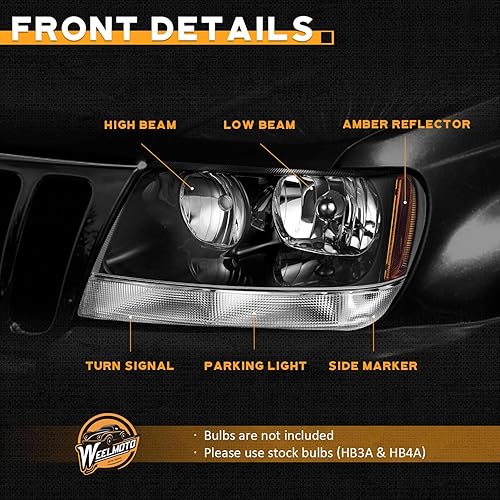 Miniatura 6 de WEELMOTO Ensamble de faros Compatible con Jeep Grand Cherokee 1999-2004, Ensamble de faros halógenos Reemplazo de lámparas para Jeep Grand Cherokee