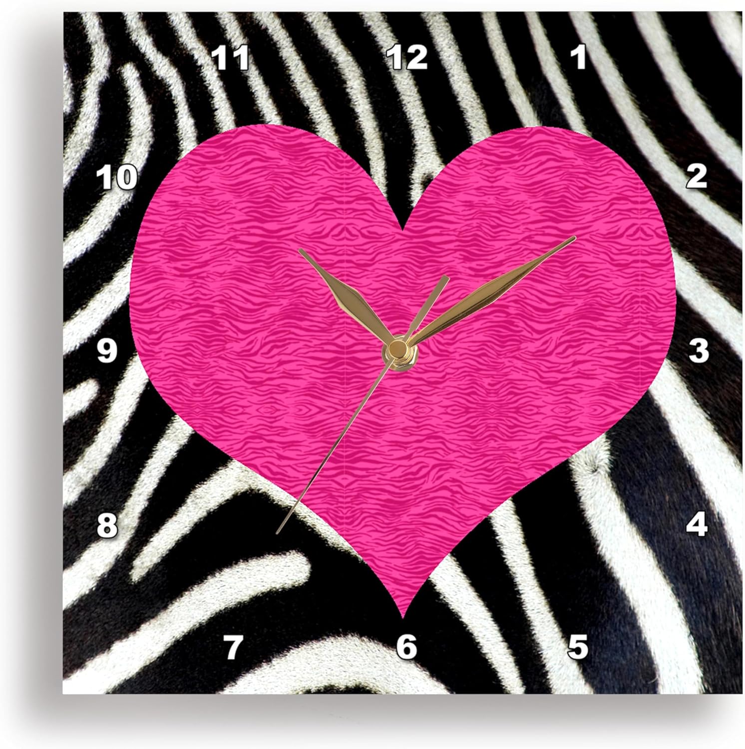 3dRose DPP_20393_3 Punk Rockabilly Zebra Animal Stripe Pink Heart Print Wall Clock, 15 by 15-Inch