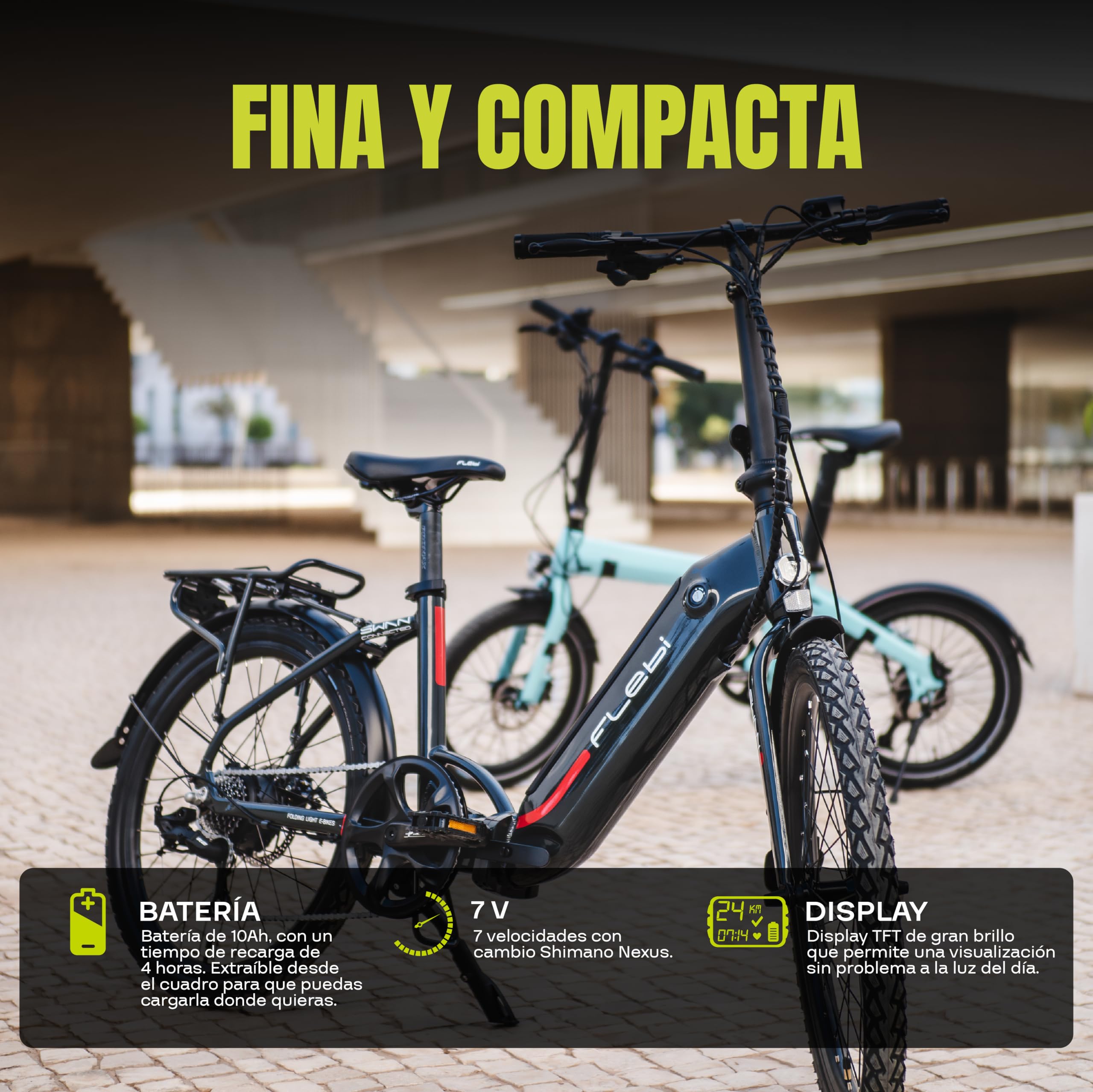 Flebi Swan Bicicleta Eléctrica Plegable 24" |Autonomía 70 km |Batería Extraíble 10.4Ah/374Wh |7 Velocidades |E-Bike Urbana Unisex Compacta Ligera Mujer y Hombre