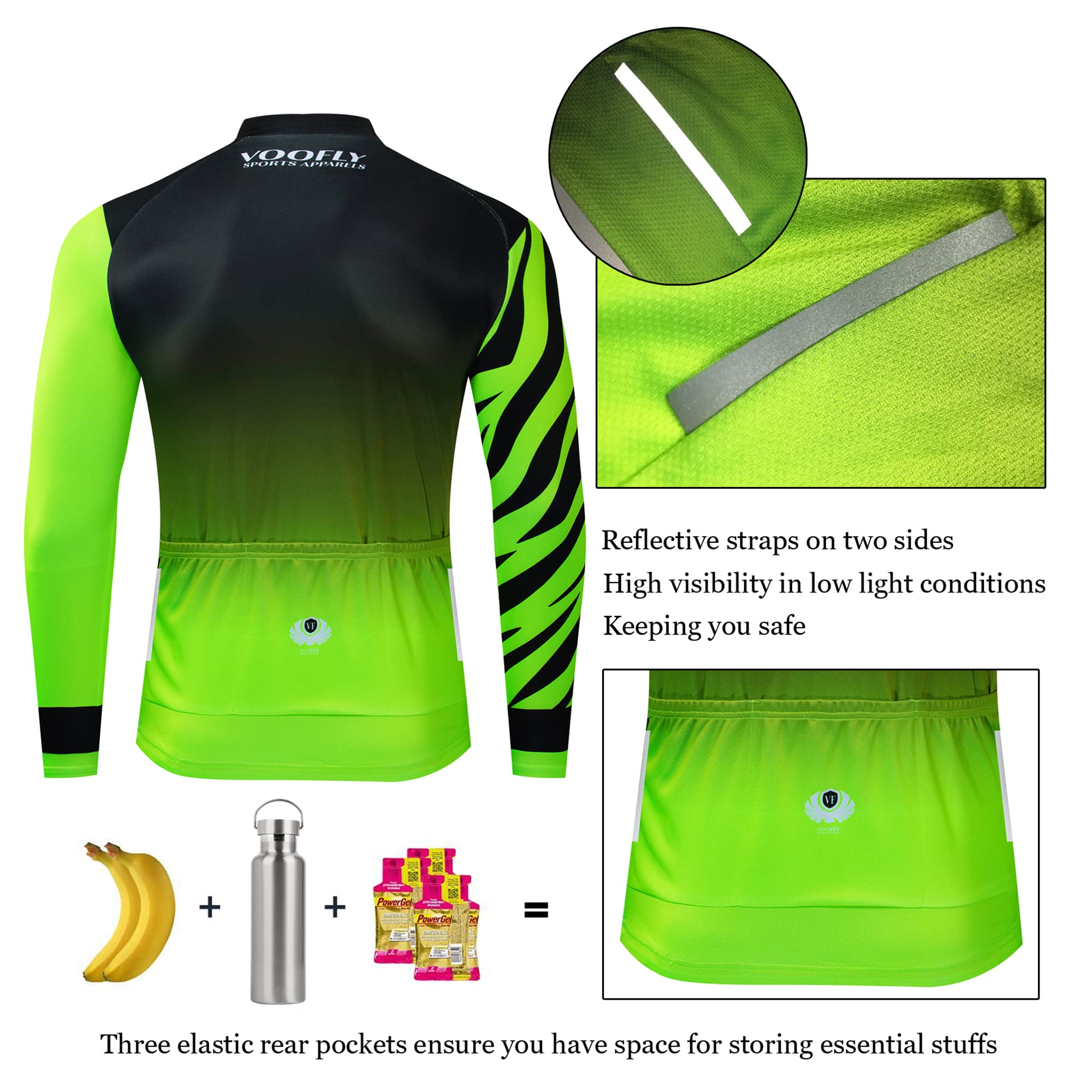 Maglia da ciclismo da uomo, a maniche lunghe, traspirante, ad asciugatura rapida, con tasche, chiusura lampo, riflettori, verde, nero, rosso