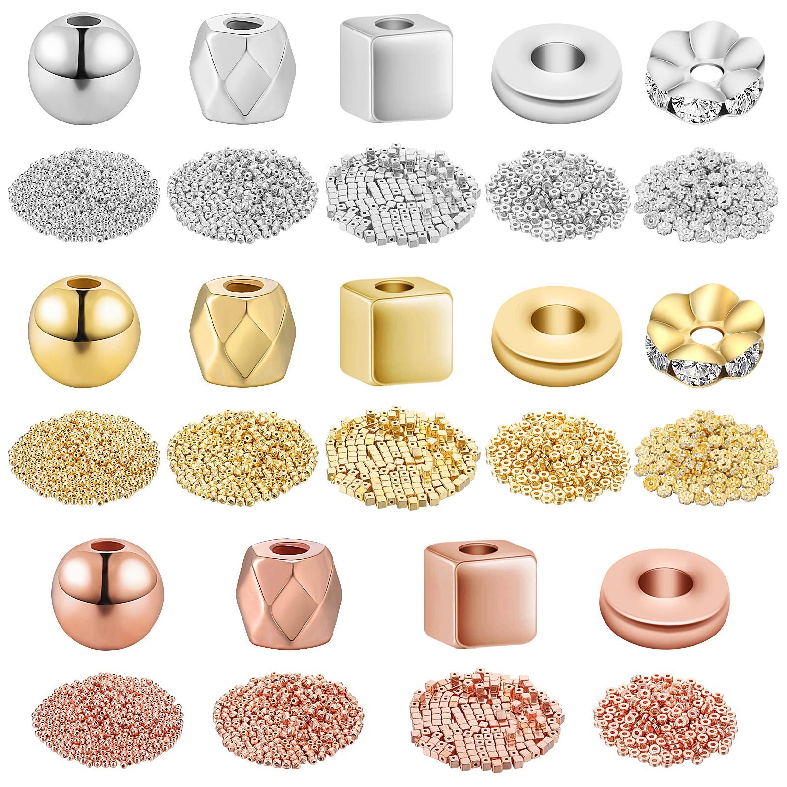 4100 Pieces Assorted Spacer Beads Faceted Rondelle Cube Beads Square Spacer Column Beads Crystal Round Jewelry Charms for Jewelry Making DIY Loose Beads, 3 Colors and 5 Styles