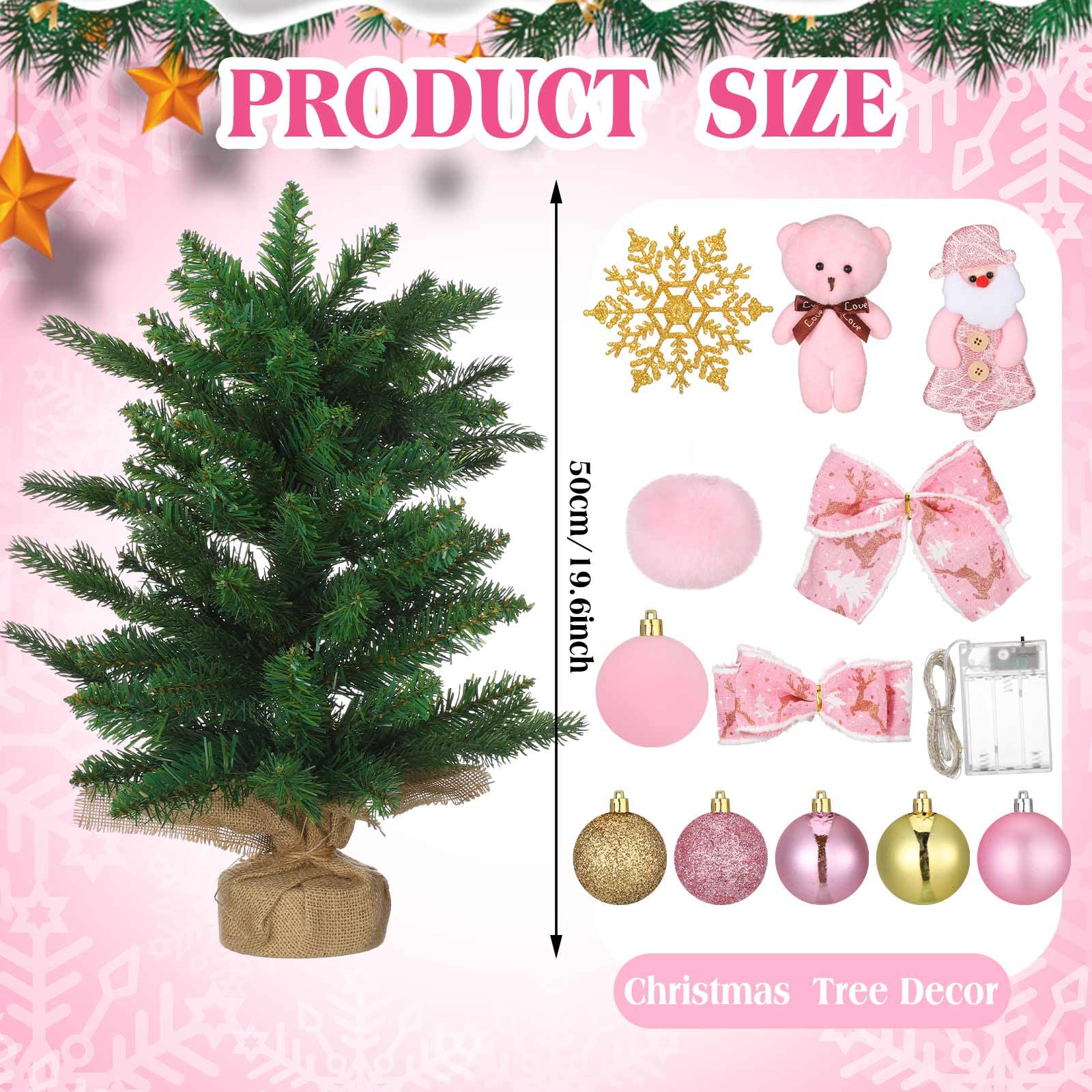 Vesici Mini sapin de Noël artificiel rose de 50 cm avec lumières DEL – Petit sapin de Noël artificiel avec ornements à suspendre – Ours Père Noël bonhomme de neige pour la maison, le bureau, la