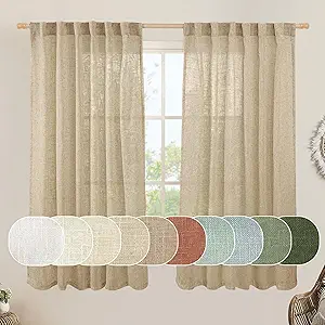 LAMIT Faux Linen Curtains 63 inches Long for Bedroom, Back Tab and Rod Pocket Linen Drapes Light Filtering Semi Sheer Curtains for Small Window/Farmhouse, 2 Panels (52 x 63 Inch, Brown)