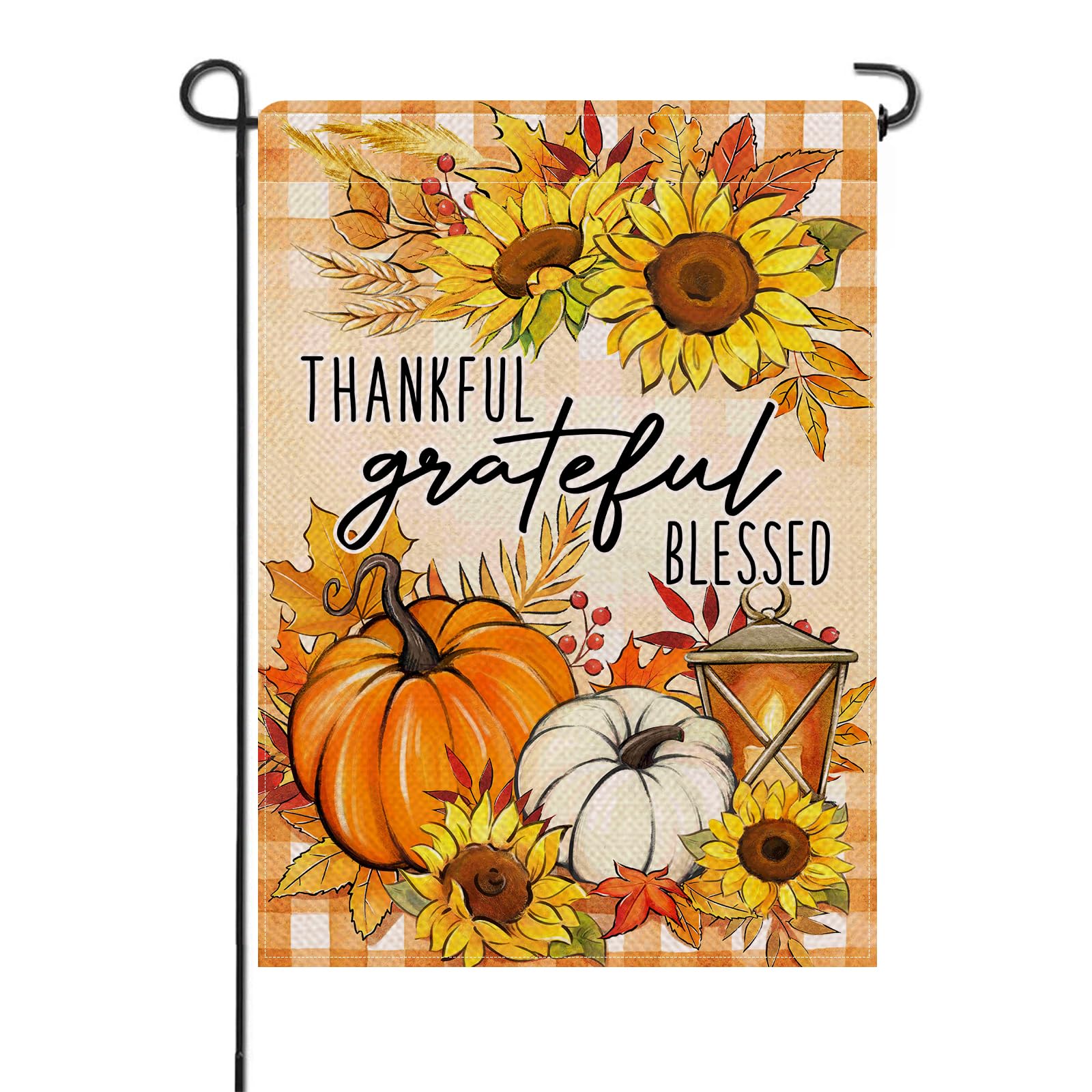 Artofy Thanksgiving Thankful Grateful Blessed Large Decorative House Flag, Fall Autumn Pumpkin Sunflower Leaves Yard Garden Outside Decor, Buffalo Plaid Check Farmhouse Outdoor Home Decoration 28 x 40