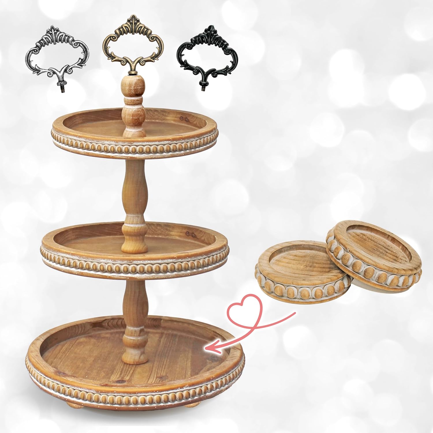 3 Tiered Tray + Mini Beaded Risers Bundle - Brown 3 Tier Wooden Tray Stand & Set of 2 Rustic Brown Wood Candle Pedestal Risers | Beaded Farmhouse Display Stands for Kitchen, Dining, Home Décor