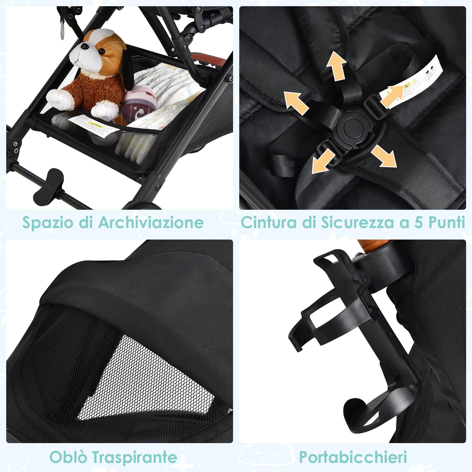 COSTWAY Passeggino Leggero per Bambini, Carrozzina con Schienale Regolabile, Passeggino Pieghevole con Ruote Universali, Sacco a fondo,per Bambini 0-36 Mesi, Portata 15 kg(Nero)