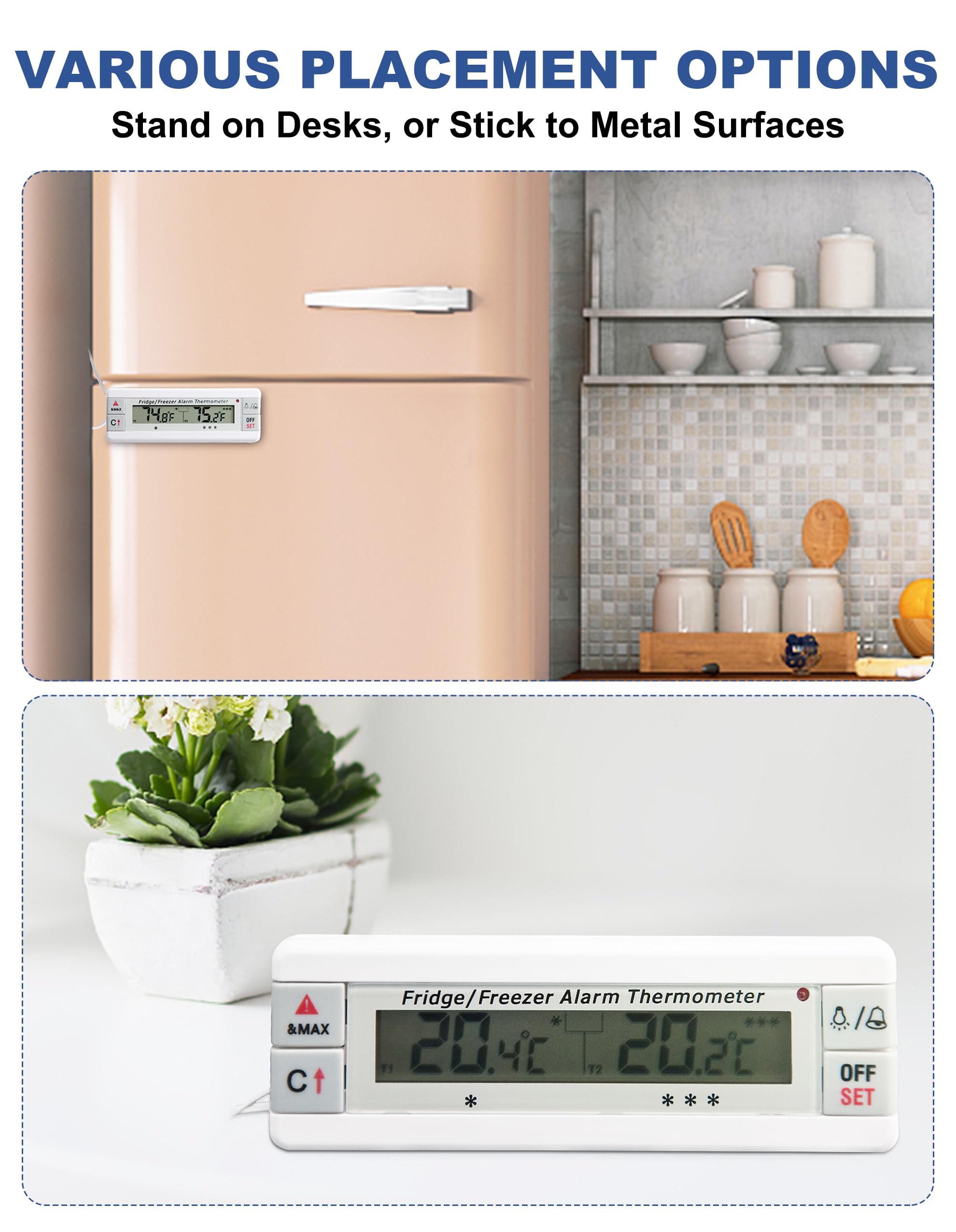 Frigorifero/Congelatore Allarme Termometro 2 Canali Frigorifero Termometro con Indicatore di Allarme LED Memoria Max/Min per Casa Cucina Ristoranti Bar Caffè