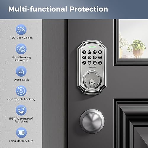 Miniatura 5 de Cerradura de puerta de entrada sin llave con juego de empuñadura 100 códigos frontales, teclado con asa, cerrojo de seguridad electrónico con 2