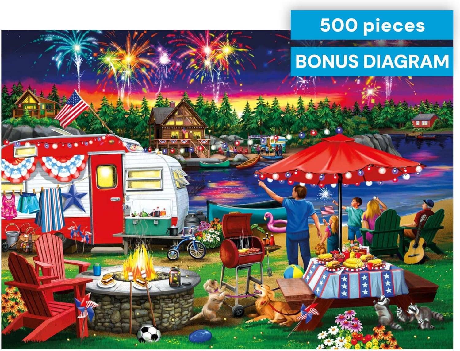Buffalo Games - Fourth by the Lake - Nancy Wernersbach - 500 Piece Jigsaw Puzzle for Adults - Festive 4th of July Patriotic Puzzle with Fireworks - Finished Size 21.25 x 15.00