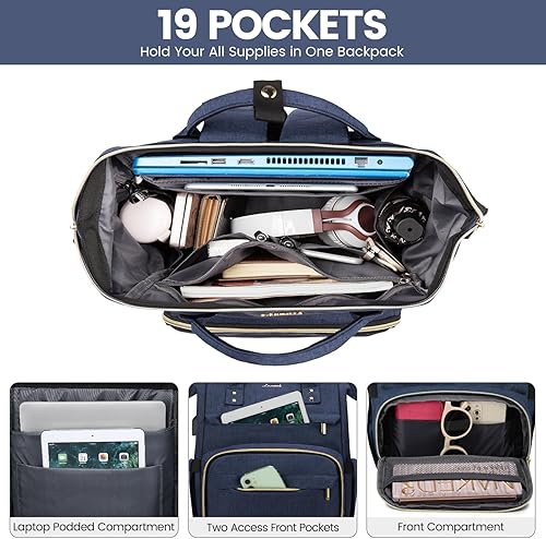 Miniatura 2 de LOVEVOOK Mochila para computadora portátil para mujer, bolsas de viaje de moda, bolsa de trabajo con puerto USB, Azul oscuro, Classic