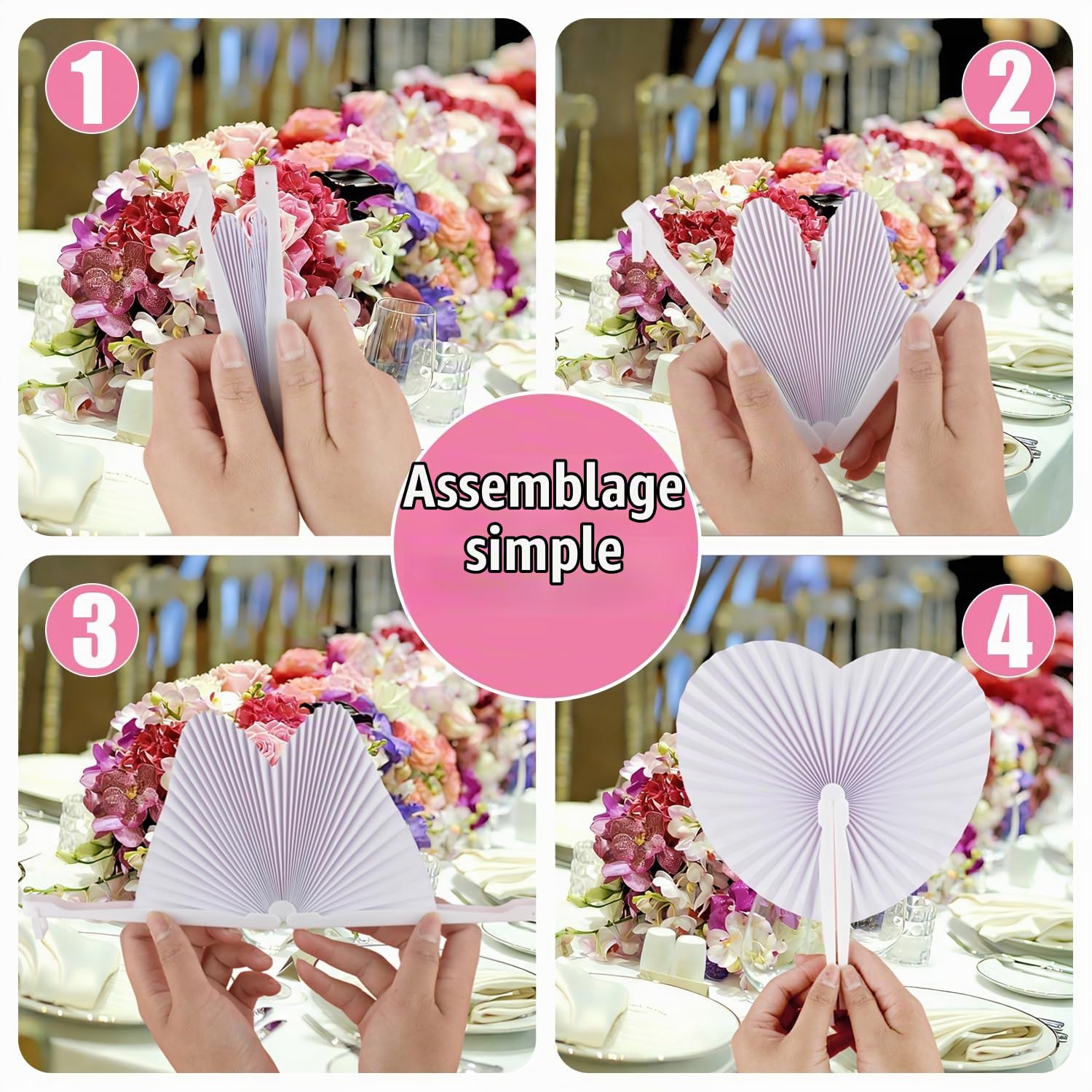 Lot de 100 fans de mariage en forme de cœur, blancs, beaux ventilateurs en forme de cœur, décoration de mariage ou cadeau pour les invités