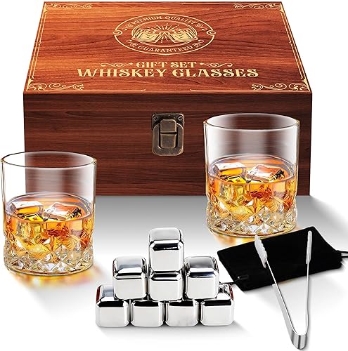 Juego de vasos de whisky, regalos de cumpleaños y jubilación para hombres, 2 vasos exquisitos, 8 piedras de enfriamiento de acero inoxidable, caja