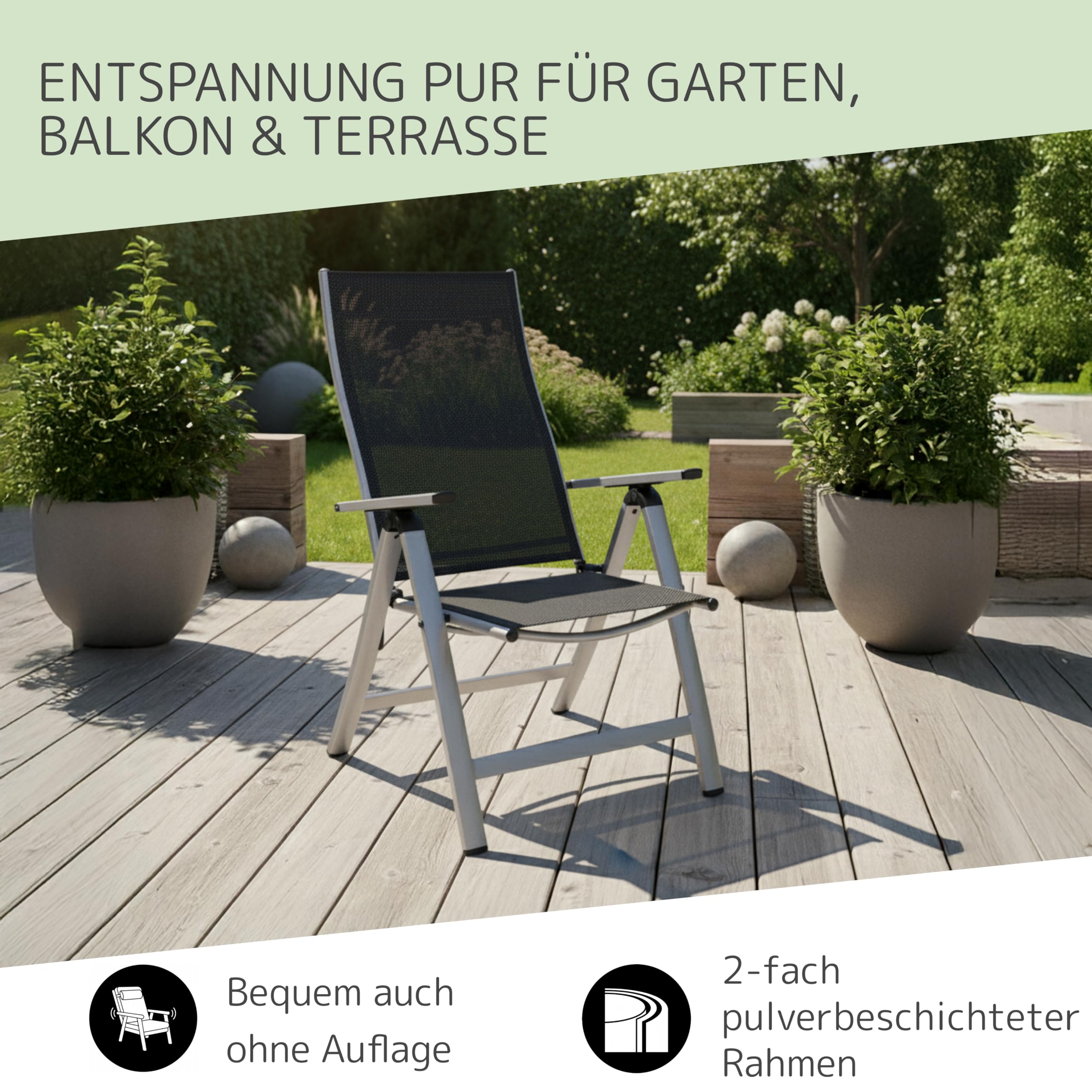 London Gartenstühle, Made in Europe, Balkonstuhl klappbar, Hochlehner Gartenstuhl, Esszimmerstuhl, Balkon & Terrasse, verstellbar, Terrassenmöbel, Campingstühle, wetterfest