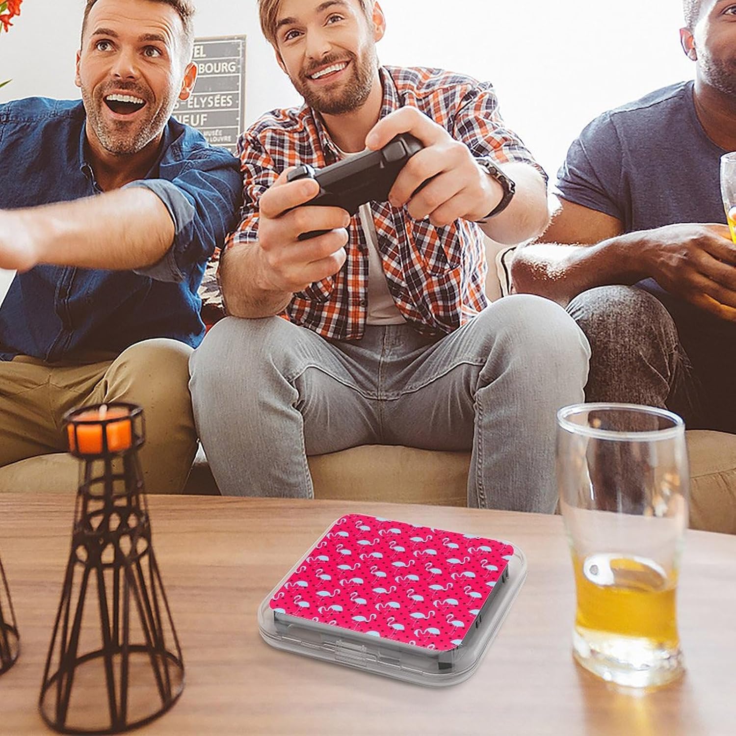 Blue and Pink Flamingo Dotted Game Card Case Compatible with Switch Portable Storage Box with 12 Game Card Slots for Home Travel image 3