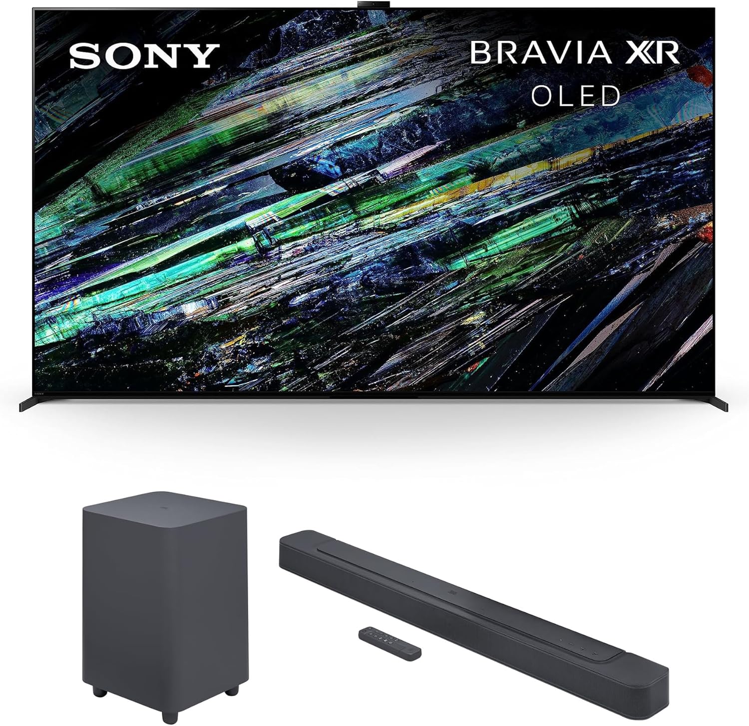 Sony XR77A95L 77 Inch QD-OLED 4K UHD Smart Google TV with AI Upscaling and a JBL BAR-500 5.1ch Soundbar and Subwoofer with MultiBeam and Dolby Atmos (2023)