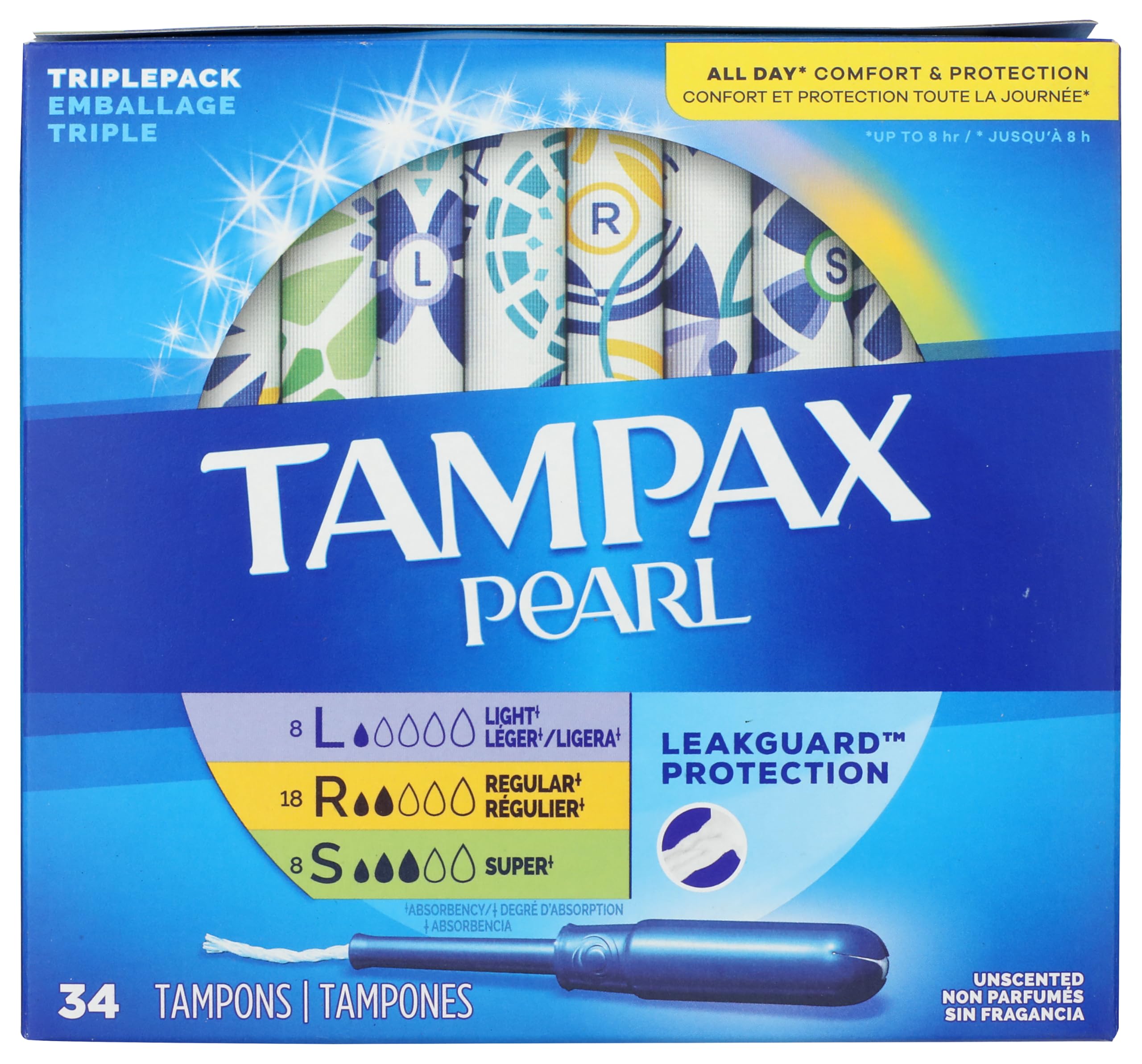 Pearl Tampons Multipack, Light/Regular/Super Absorbency, With Leakguard Braid, Triple Pack, Unscented, 34 Count