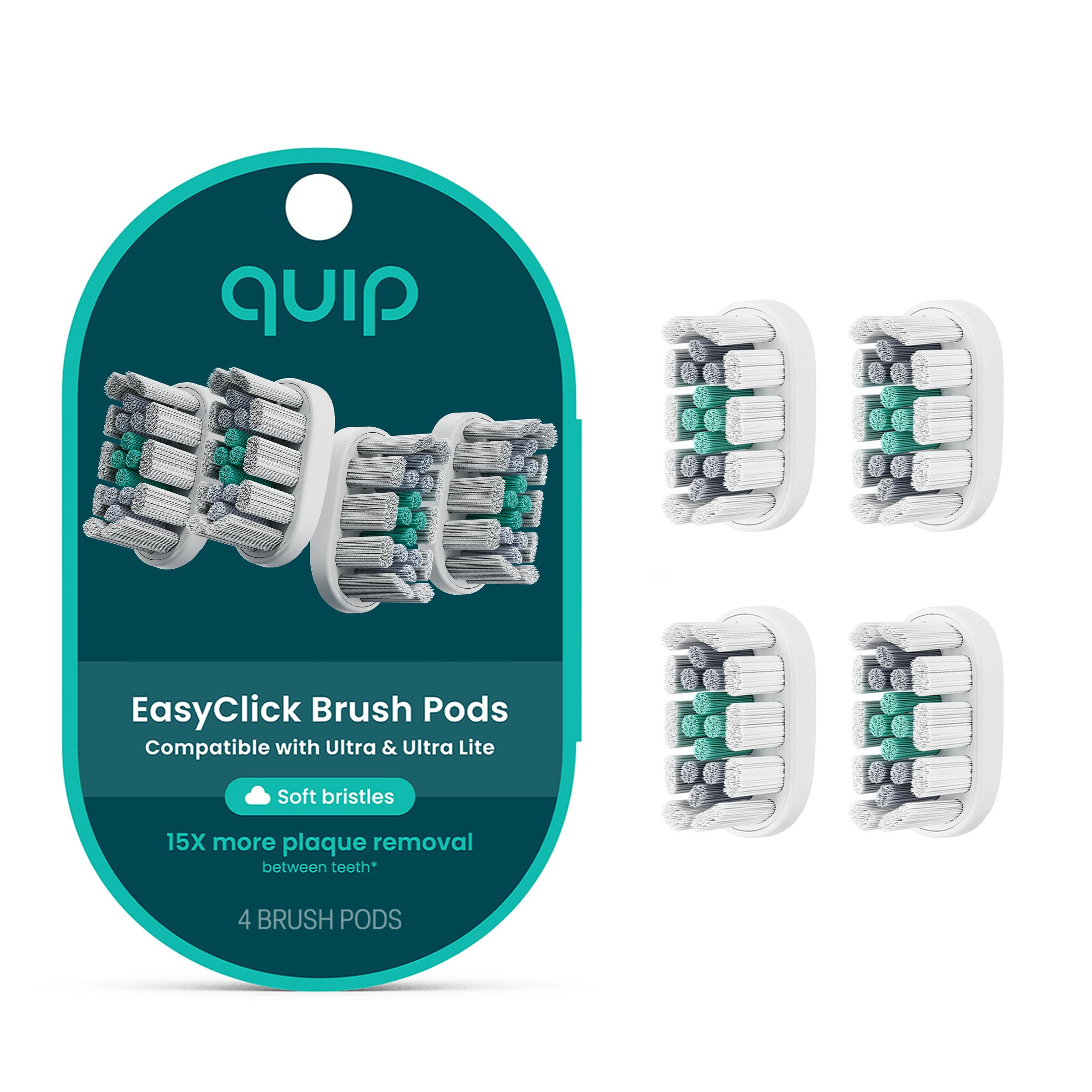 quip Ultra Brush Pod - Cabezales de recambio para cepillos de dientes eléctricos sónicos, paquete de 4 unidades, cerdas suaves, compactas, duran 3 meses cada uno, color blanco