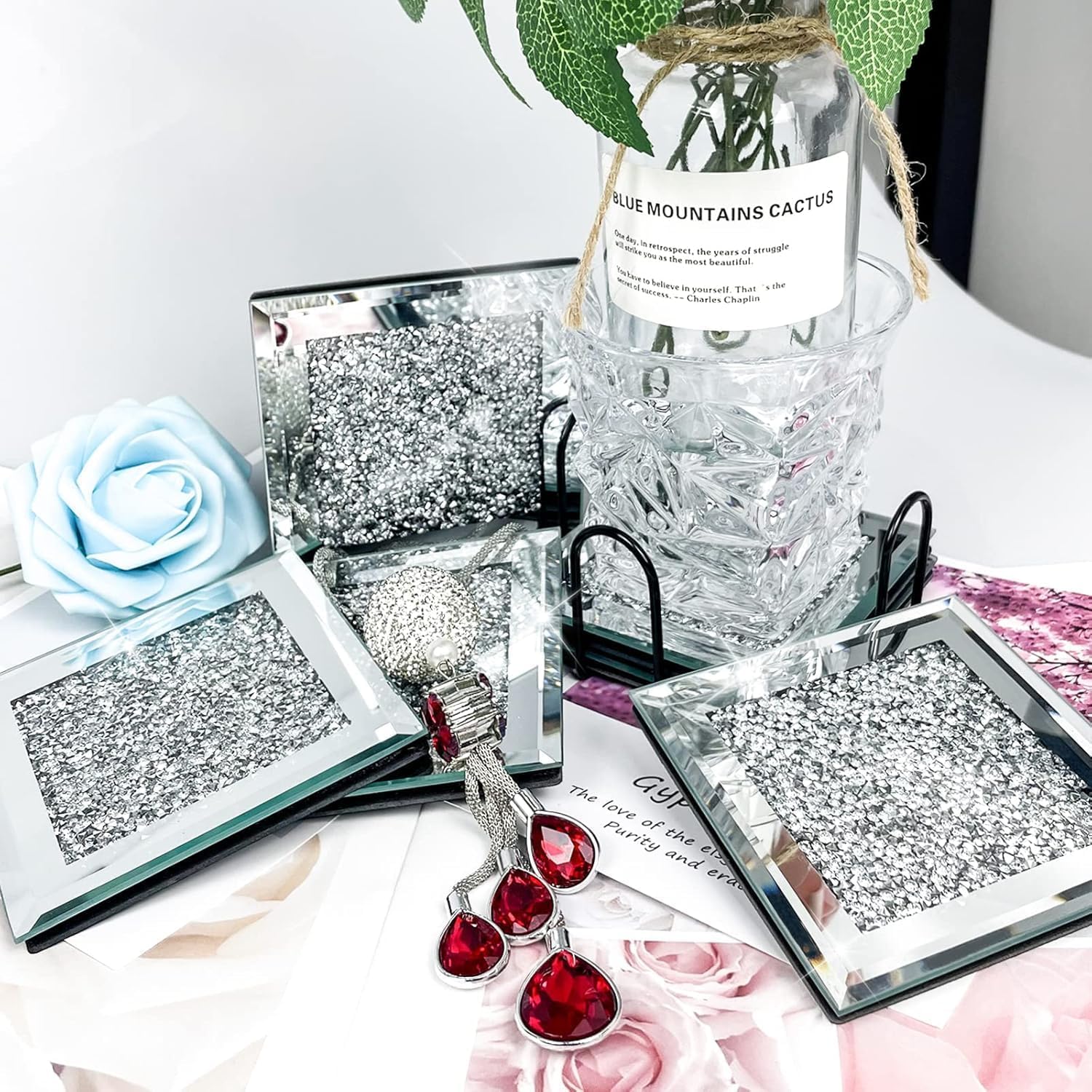 Crystal and Mirror Square Coaster Set, 4 Pieces, 10 x 10 cm, Silver Crushed Diamond Design