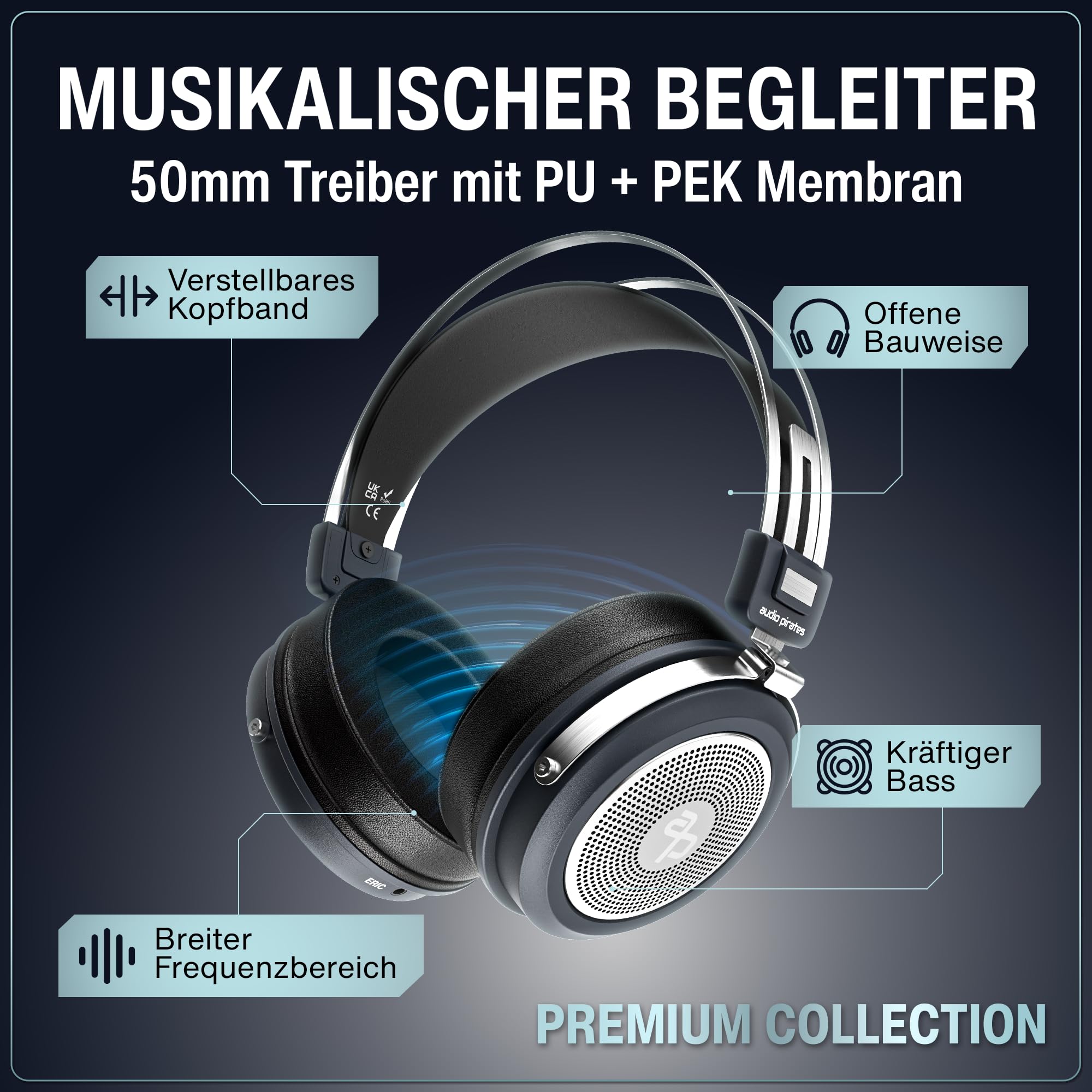 audio pirates ERIC Studio Over-Ear HiFi Kopfhörer – Studiokopfhörer mit Transprt-Case, 3m Kabel, 6,3mm Klinken-Adapter | Premium Collection