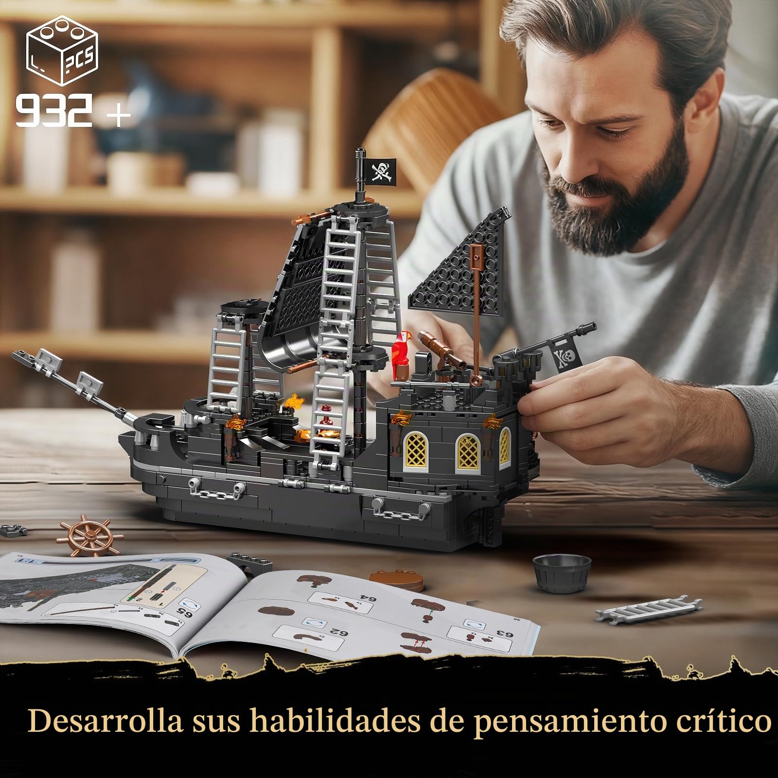 Mould King 10195 Black Pearl Velero Barco Pirata Bloques de Construcción, 932 + piezas con diseño detallado, regalo para niños y niñas a partir de 10 años