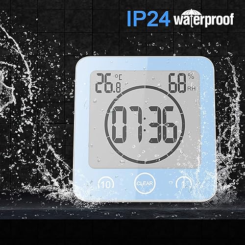 Miniatura 3 de Reloj de ducha impermeable, reloj de pared para baño, campana solar, pantalla digital de temperatura y humedad con ventosa, temporizador de pantalla