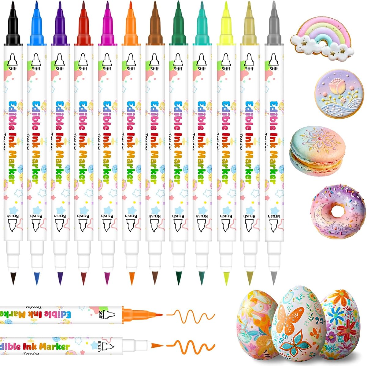Rotuladores para colorear alimentos, 12 rotuladores de doble cara de calidad alimentaria y comestibles con punta fina y gruesa, bolígrafos comestibles para escritores gourmet para decorar pasteles, galletas, fondant, glaseado, huevos de Pascua, pintura, dibujo, hornear (para mayores de 12 años)