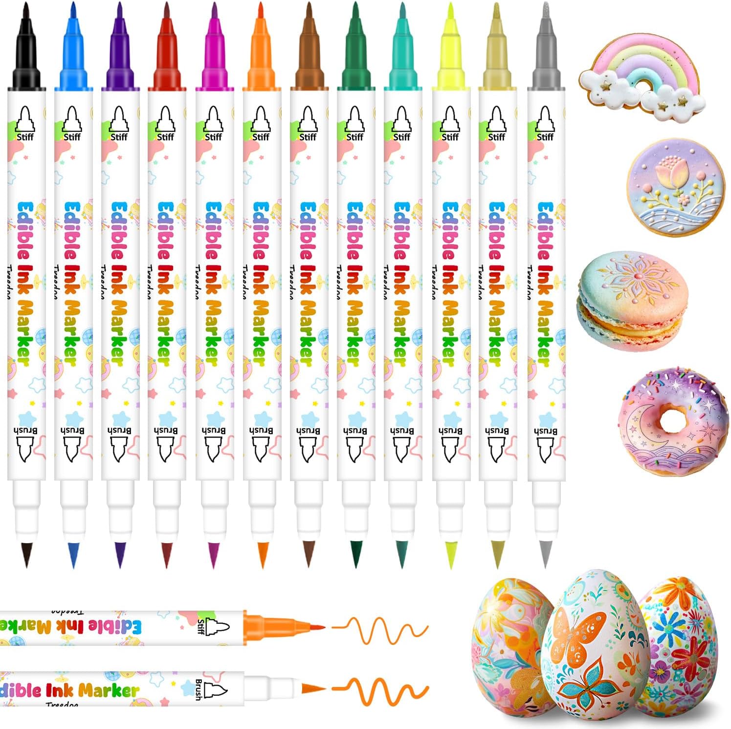 Food Coloring Marker Pens,12Pcs Dual Sided Food Grade and Edible Markers with Fine&Thick Tip,Edible Pen Gourmet Writers for Decorating Cake,Cookies,Fondant,Frosting,Easter Eggs,Painting,Drawing,Baking( For 12+ Year Old)