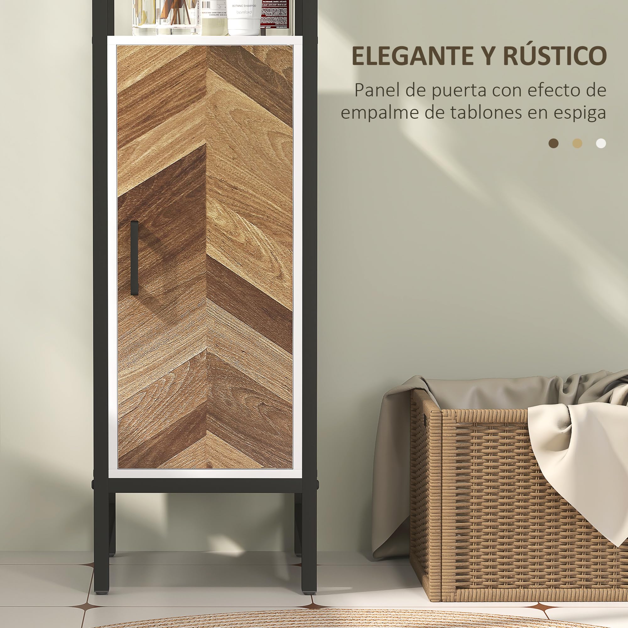 HOMCOM Armario Alto de Baño Columna Almacenaje 30x30x170 cm Blanco/Nogal | 3 Estantes Abiertos, 1 Puerta, Estante Ajustable, Mueble Auxiliar de Baño, Sistema Anti-vuelco
