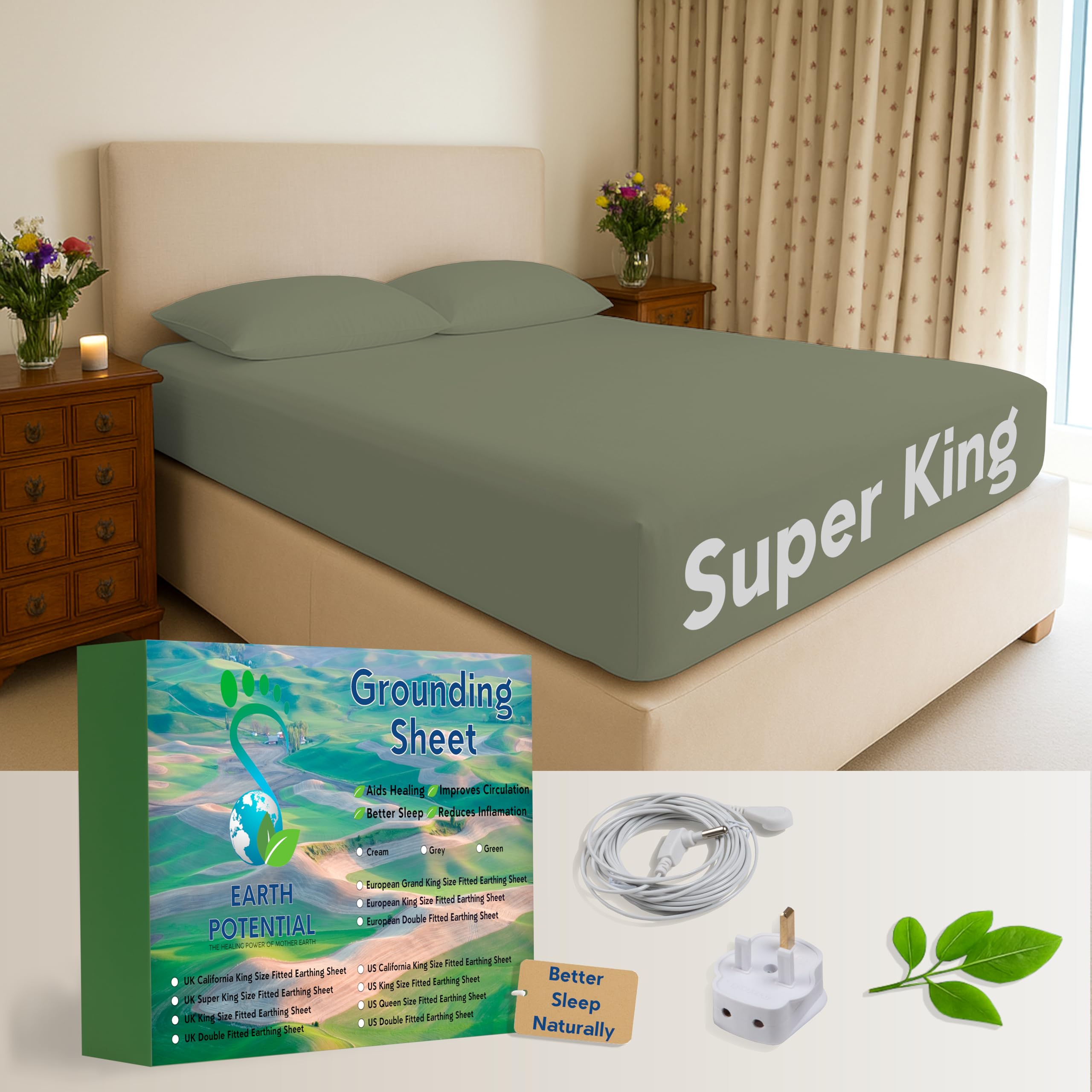 Earth Potential Green Earthing Grounding Fitted Super King Size Sheet In – 95% Cotton And 5% Soft Silver Conductive Thread For Healing And Better Sleep, Supplied With A 5M Earth Cable And Double Outlet Grounding Plug