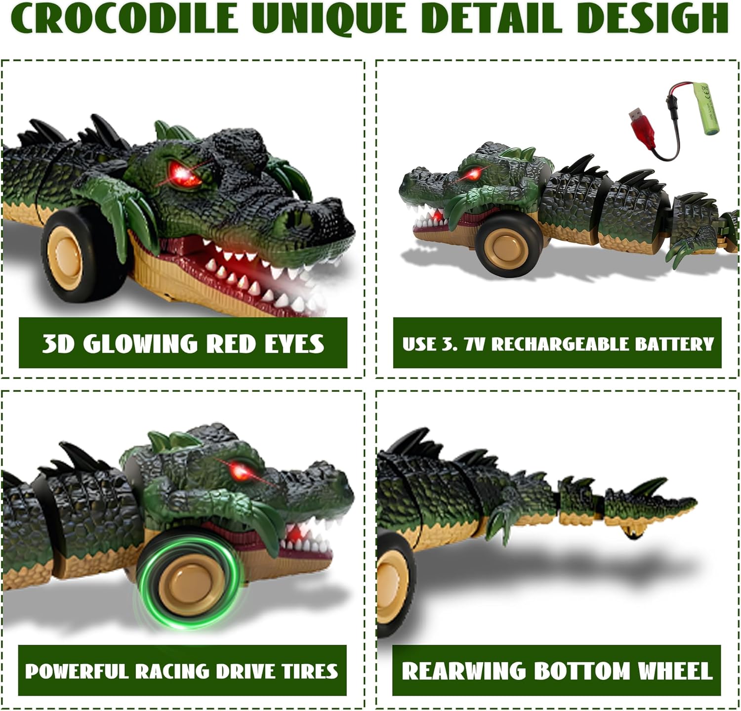 Remote Control Crocodile Car Toy,2.4Ghz RC Toy Cars,Boys 3-12 Year Old,360°Rolling Turns & Slides with Lights Cool Outdoor Toys Birthday Gifts Xmas Gifts (Green)