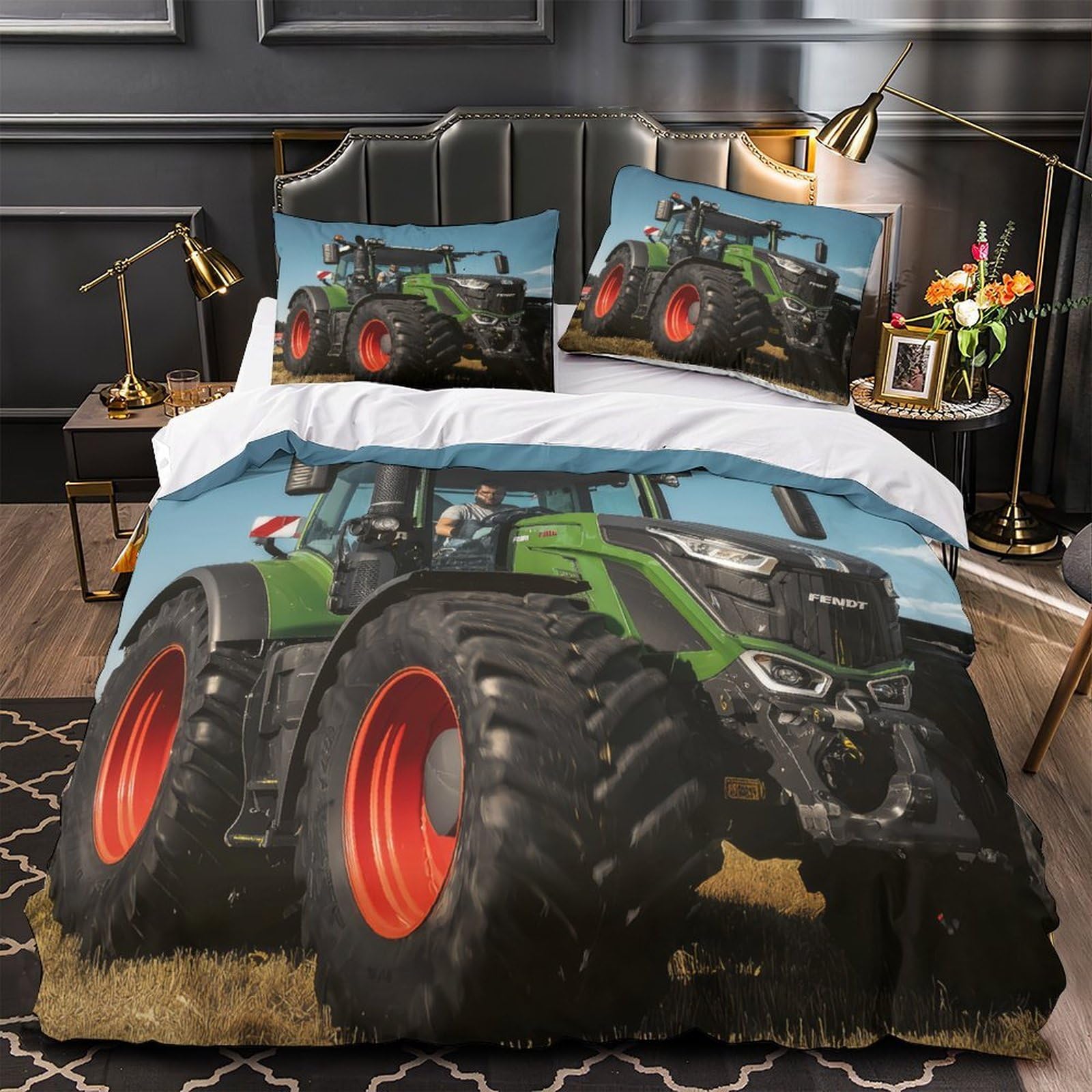 Parure de lit tracteur agricole 140x200 cm avec housse de couette en microfibre et taie d'oreiller
