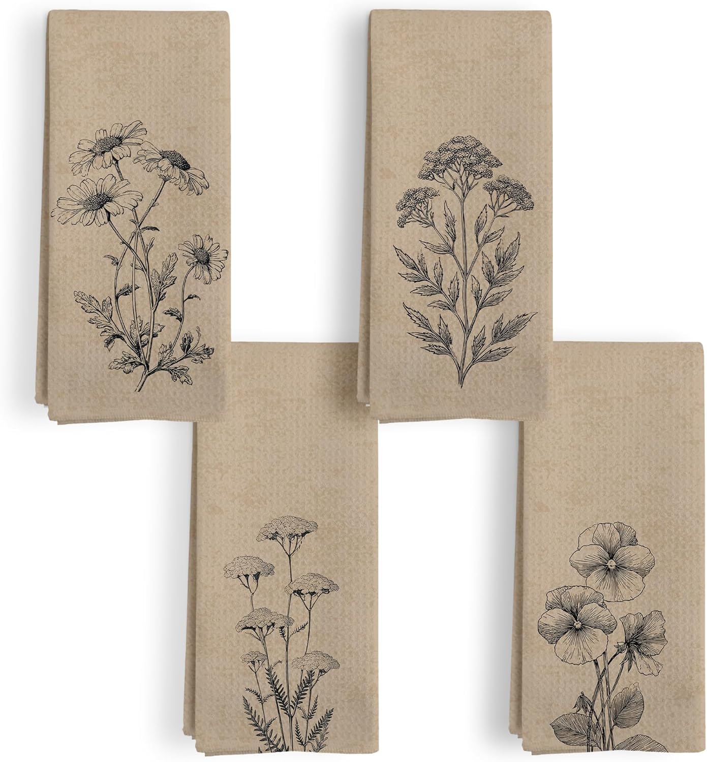 Vintage Floral Kitchen Towels, Rustic Wildflower Floral Dish Tea Towels for Kitchen, Neutral Botanical Flower Decorative Hand Towels for Bathroom Decor, 16x24 Inch Set of 4