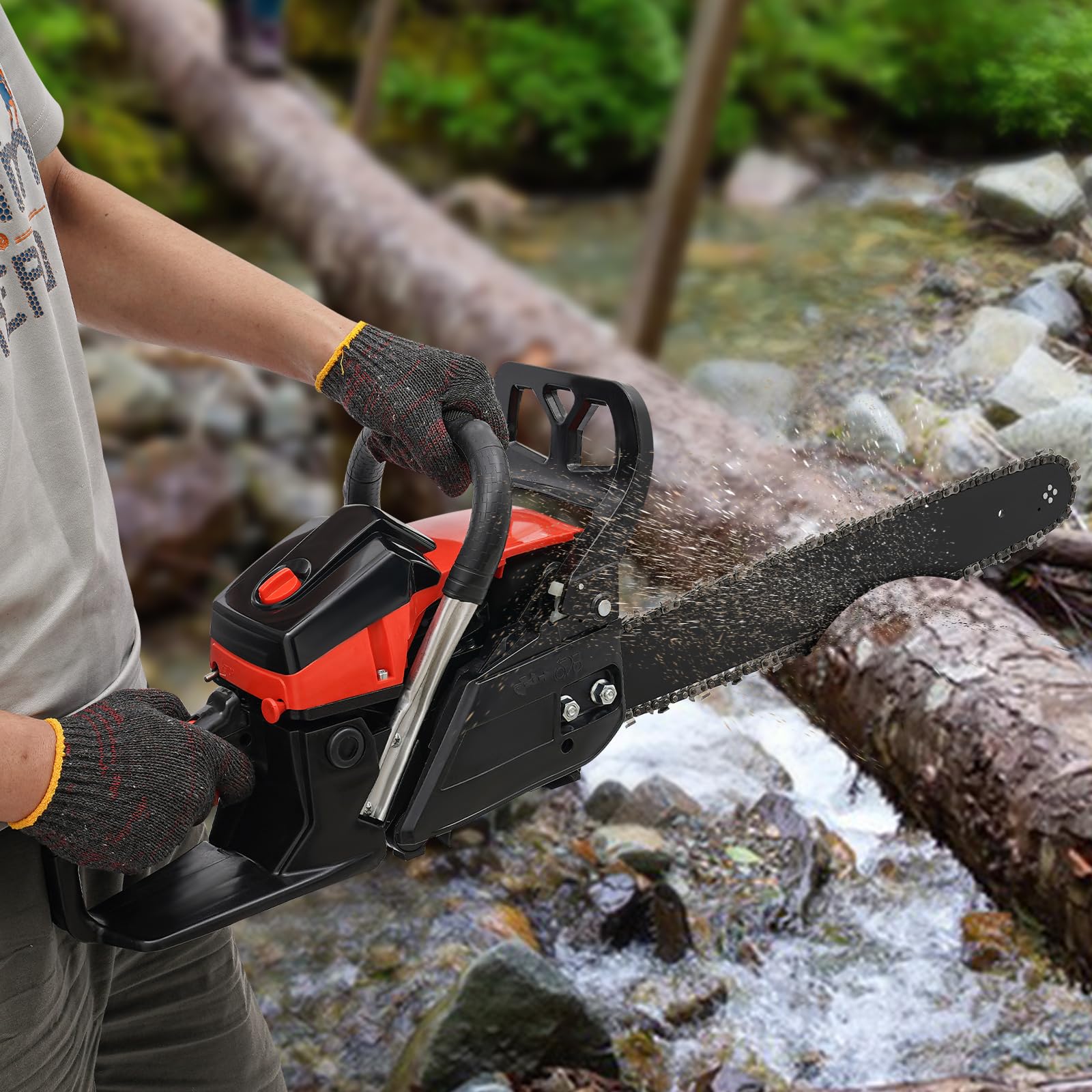 Motosierra de gasolina de 58 cc de 2 tiempos, motosierra de 18 pulgadas (48 cm) con motor de 2,2 kW y lubricación automática, incluye guantes y accesorios para madera, jardín y bosque