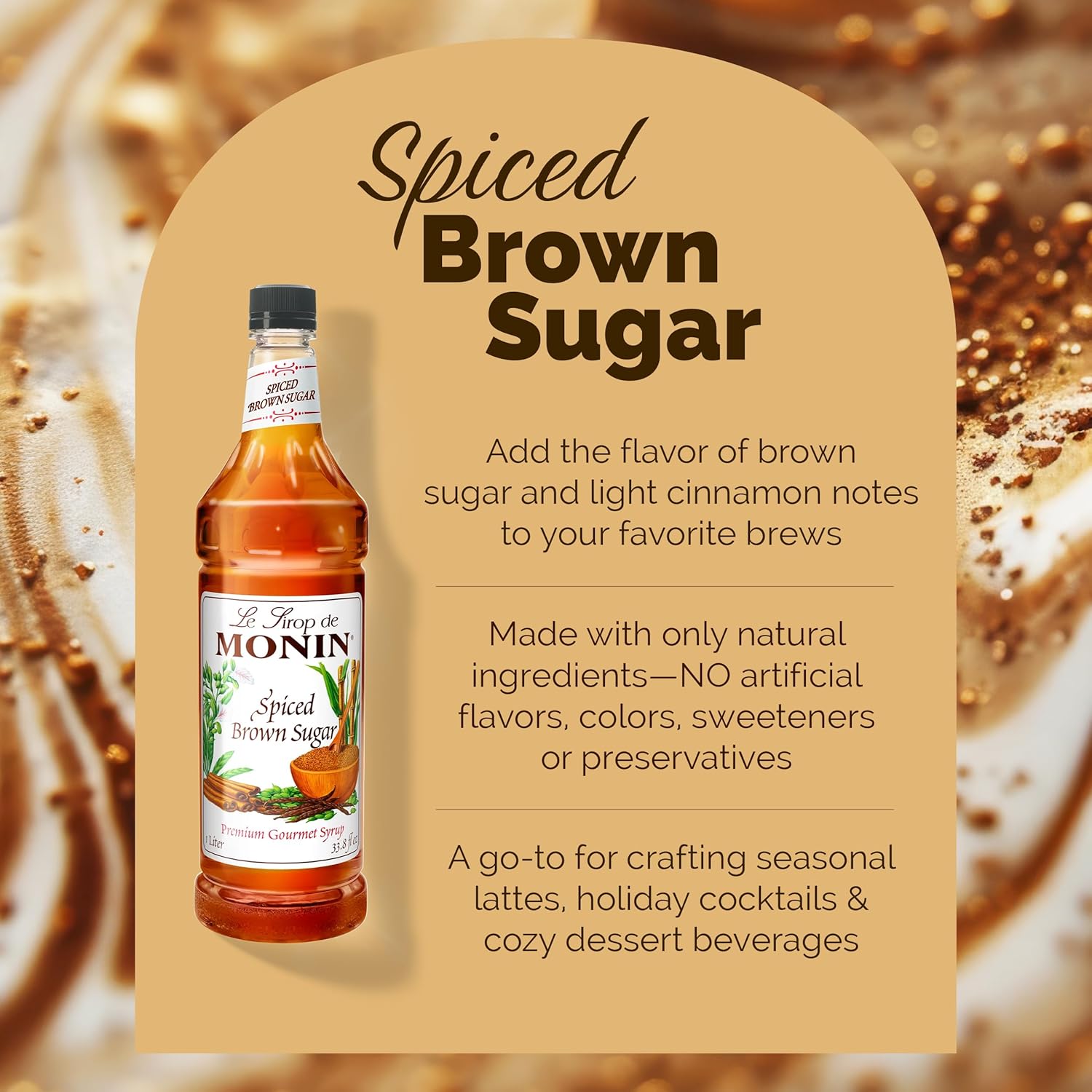 Monin - Spiced Brown Sugar Syrup, Sweet With Hints of Cinnamon, Natural Flavors, Great for Coffee, Desserts, Ciders, and Cocktails, Non-GMO, Gluten-Free (1 Liter)