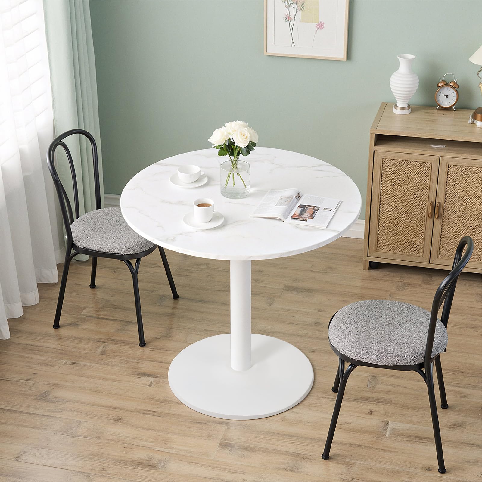 Warmiehomy 80cm Round Dining Table, Small Round Dining Table White Marble Effect Tabletop with White Pedestal Base, Modern Kitchen Table for Small Spaces Apartment Balcony Backyard Dining Room
