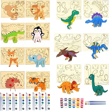 Arts and Crafts for Kids Ages 4-8, Wooden Paint & Build 14 DIY Animal & Dinosaur Craft Kits, Paint Your Own Wooden Crafts with Paints & Brushes, Classroom Activity, Birthday Party Favor & Gift