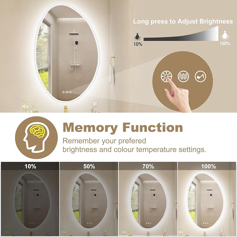 S'bagno LED Fürdőszobai Tükör 600x900 mm - Bluetooth, Páramentesítő, 3 Színhőmérséklet, Fényerőszabályzás, Memória Funkcióval, Vízálló IP44