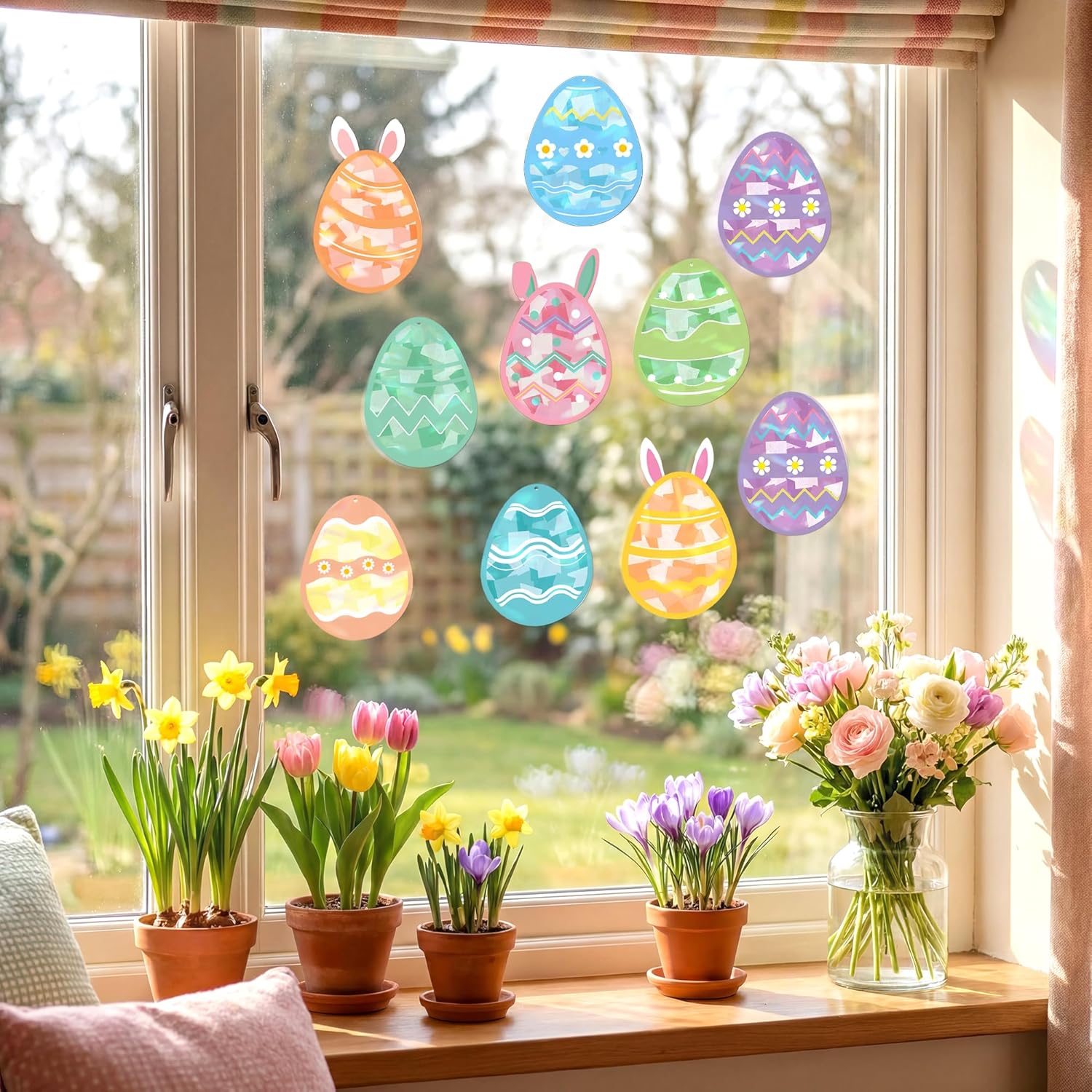 Renbuzhu 48PCS Easter Crafts Bulk: Eggs Paper Suncatchers DIY Kit for Activities Decorations, Window Stained Glass Effect Art Ornaments